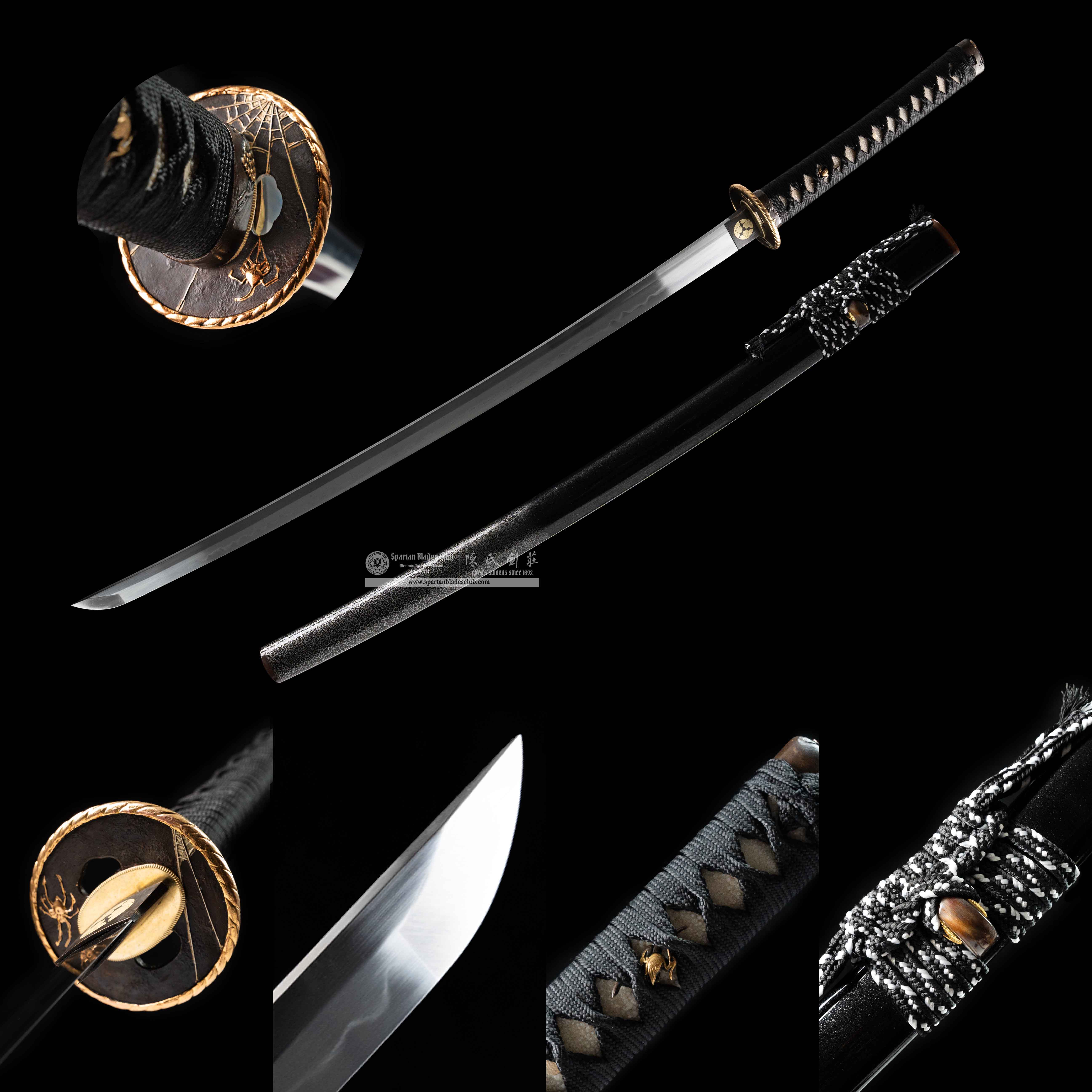 HY04|🕸Nocturnal Spider|Katana|T10 Steel|Clay-tempered|Real Hamon|Spider&cobweb|Black|Battle-Ready|Full-tang|Spartan Blades Club|CHEN'S SWORDS 1892 - Spartan Blades Club - 陳氏劍莊1892