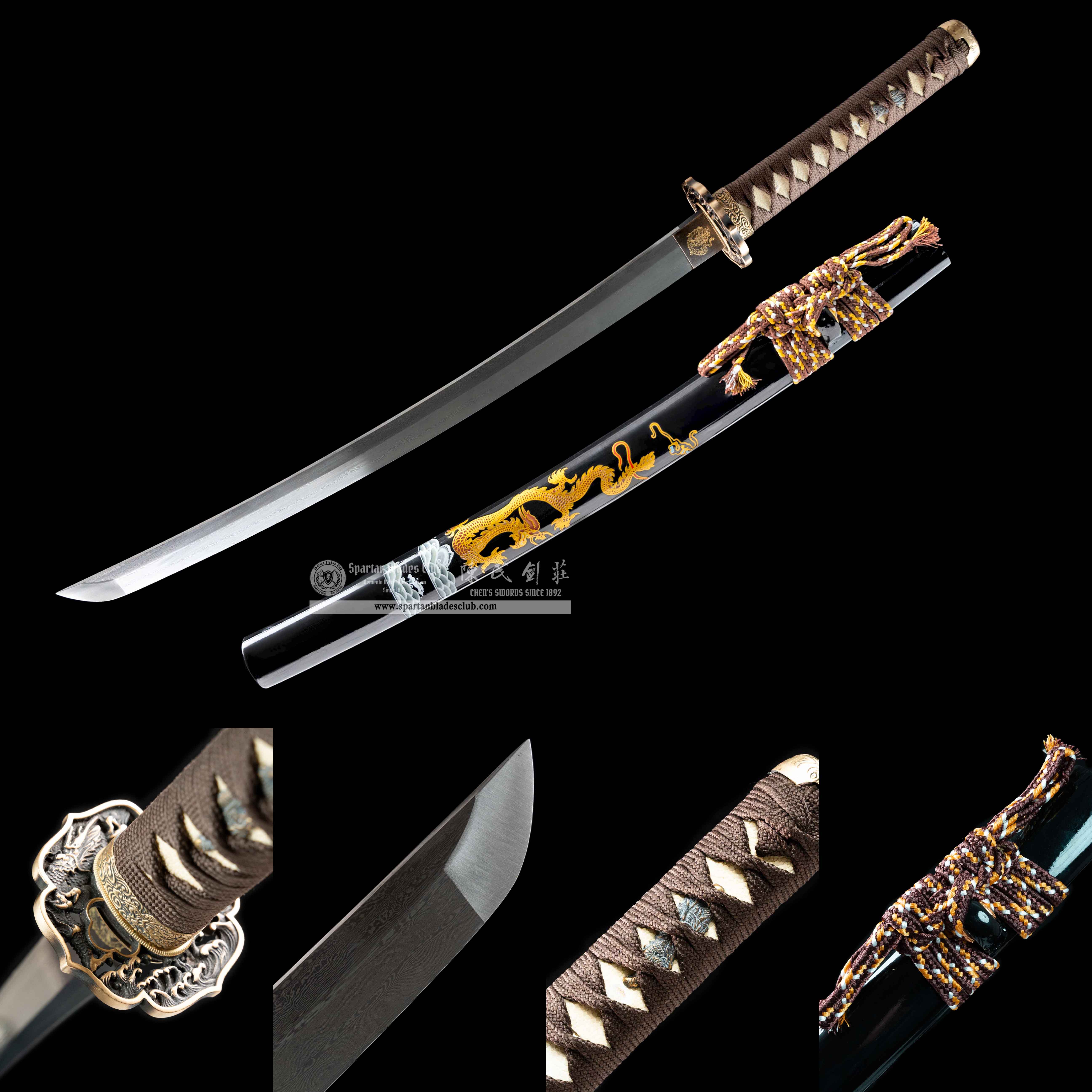 HY05|🐉Aureate Loong|Wakizashi|Damascus steel|Loong|Golden&Black&Brown|Battle-Ready|Full-tang|Spartan Blades Club|CHEN'S SWORDS 1892 - Spartan Blades Club - 陳氏劍莊1892
