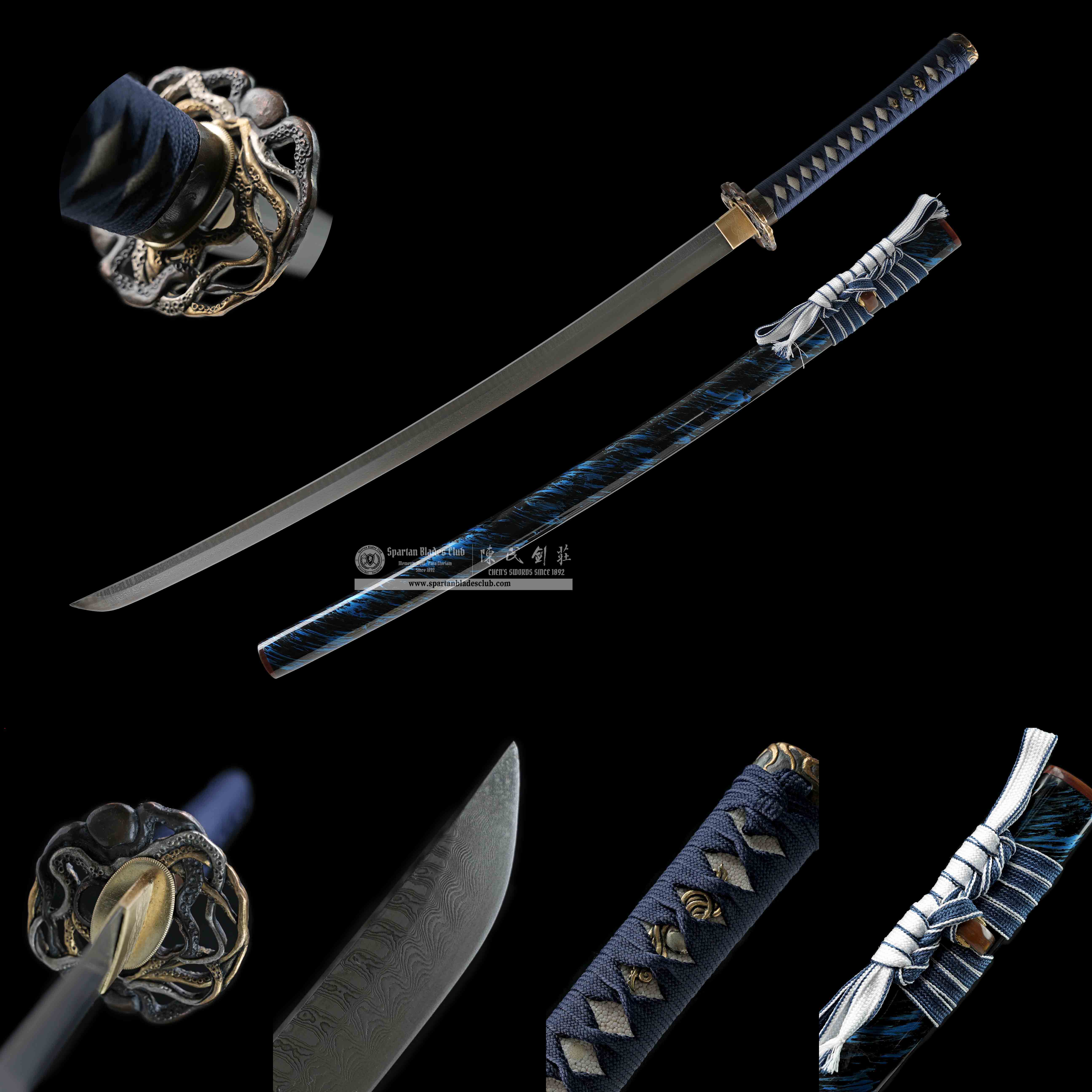 HY07|🐙🌊Zhang Ying Blade|Katana|Damascus steel|octopus|Black&Blue|Battle-Ready|Full-tang|Spartan Blades Club|CHEN'S SWORDS 1892 - Spartan Blades Club - 陳氏劍莊1892