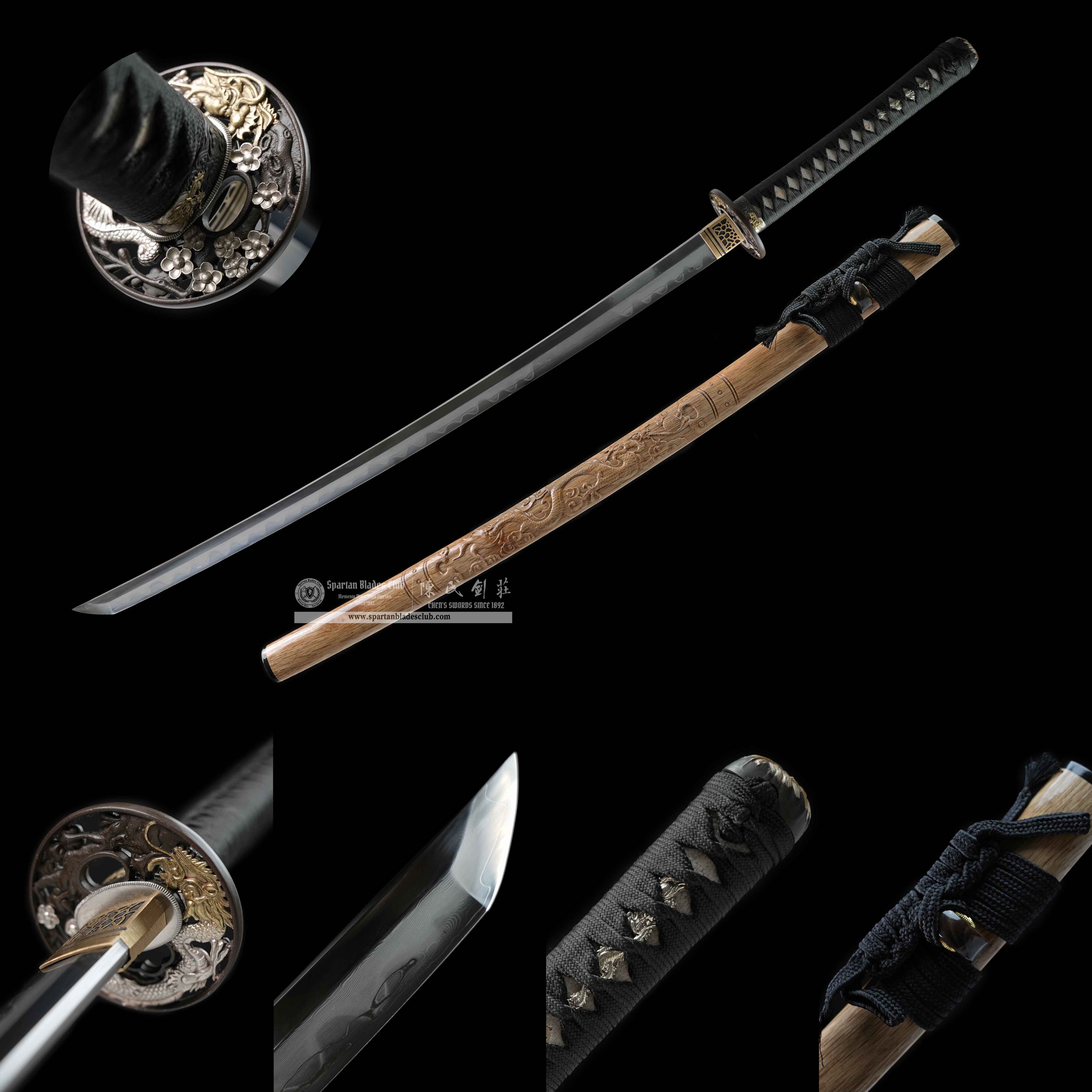 HY06｜🐉Loong Yun Blade｜Katana｜Honsanmai structure blade｜Damascus steel wrapped in T10 steel｜Clay-tempered｜Real Hamon｜Loong dragon｜natural wood color&Black｜Battle-Ready｜Full-tang｜Spartan Blades Club｜CHEN'S SWORDS 1892 - Spartan Blades Club - 陳氏劍莊1892