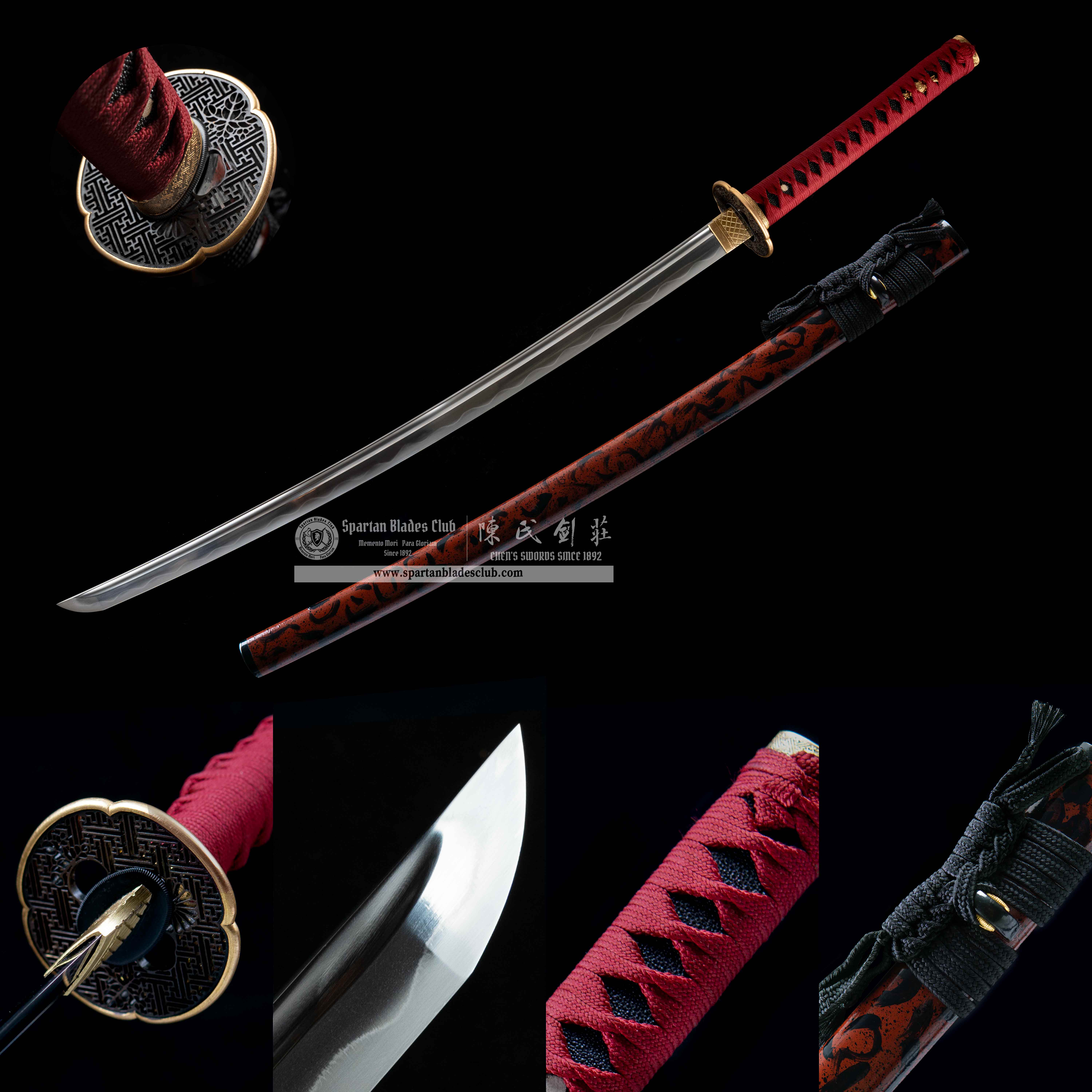 HY13|Crimson Phoenix Katana🔴⚫️|Katana|T10 steel|Clay-tempered|Real Hamon|Black&Red|Battle-Ready|Full-tang|Spartan Blades Club|CHEN'S SWORDS 1892 - Spartan Blades Club