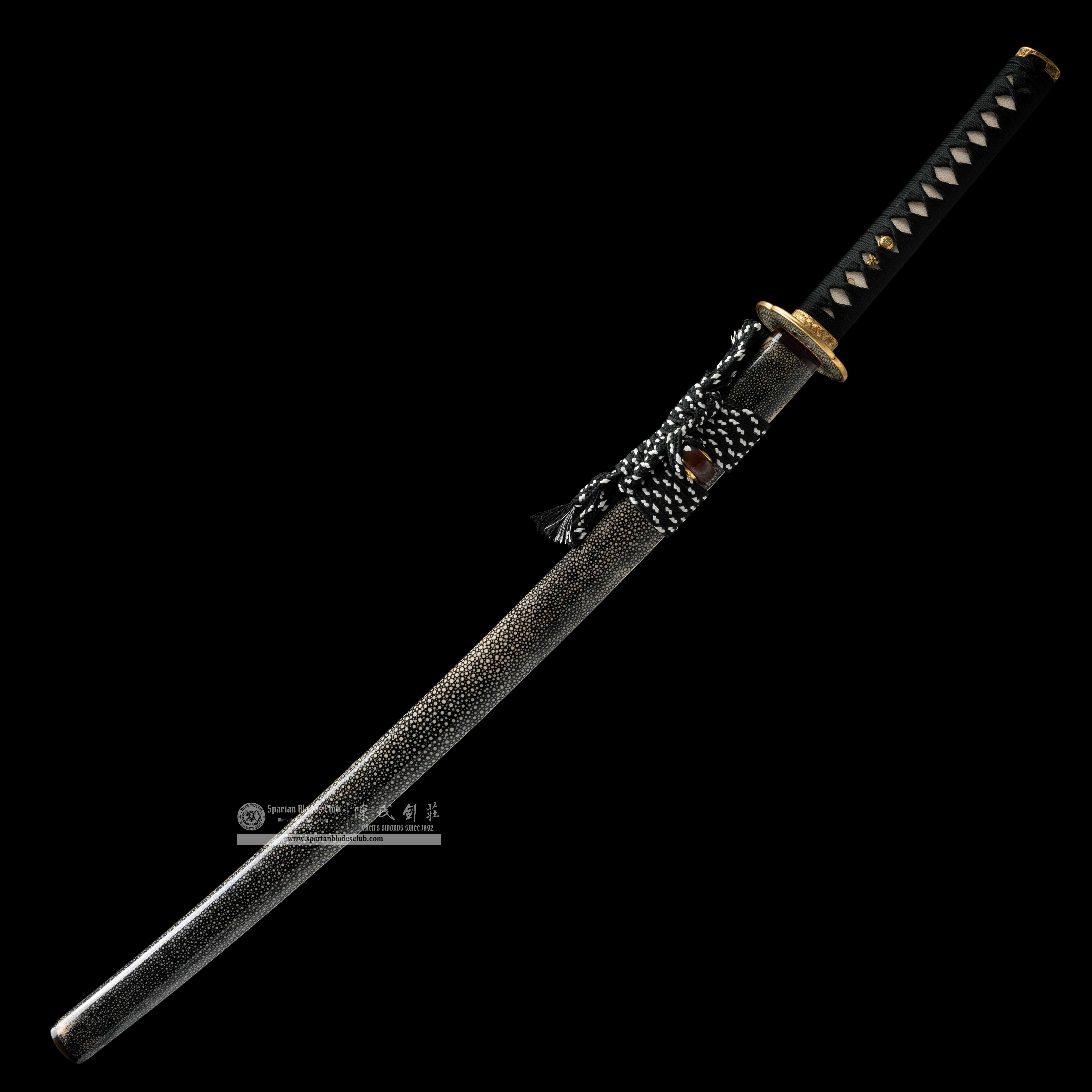 HY15|Fishscale Shadow Katana|Katana|Damascus steel wraps around T10 steel|fishskin|Black&White|Battle-Ready|Full-tang|Spartan Blades Club|CHEN'S SWORDS 1892 - Spartan Blades Club - 陳氏劍莊1892