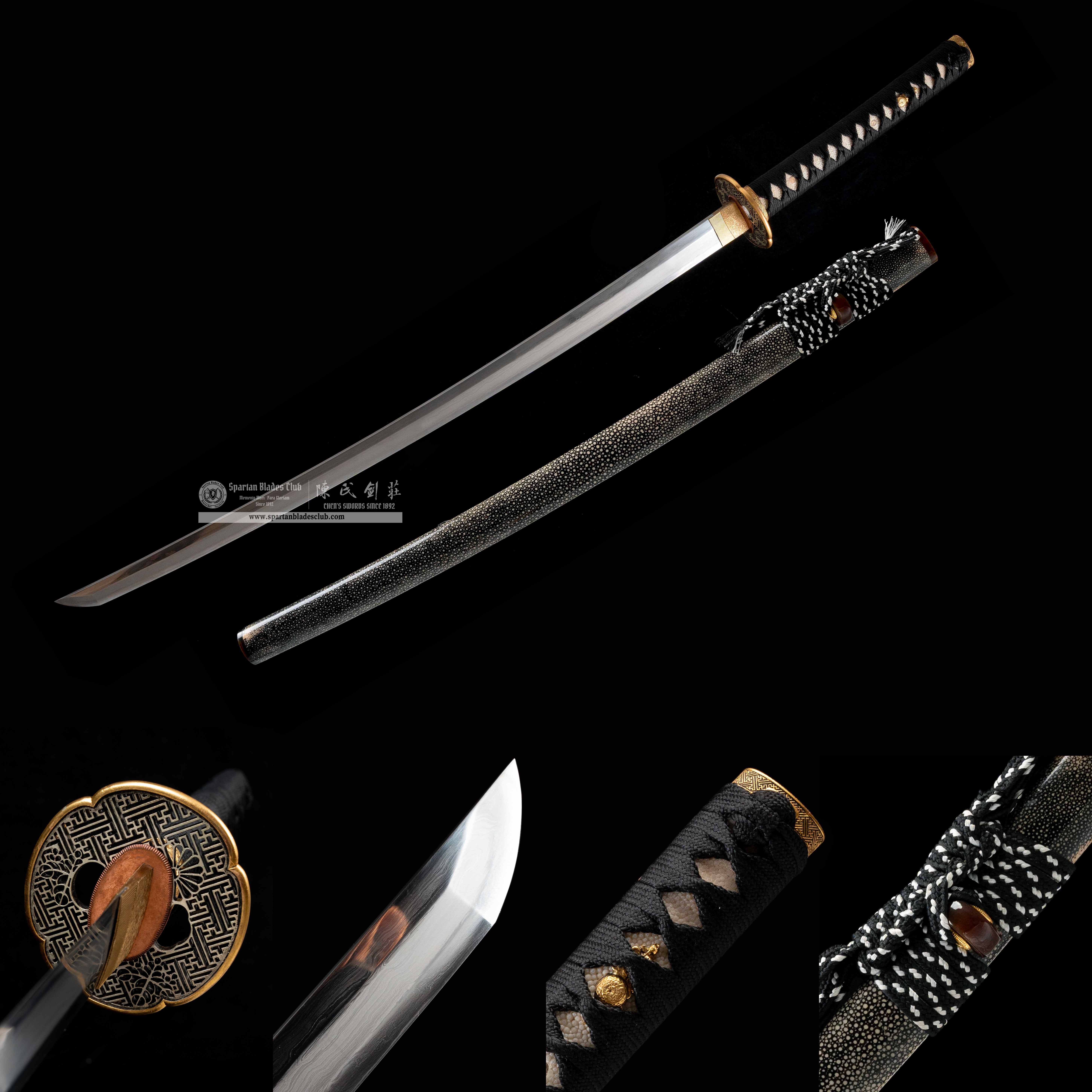 HY15|Fishscale Shadow Katana|Katana|Damascus steel wraps around T10 steel|fishskin|Black&White|Battle-Ready|Full-tang|Spartan Blades Club|CHEN'S SWORDS 1892 - Spartan Blades Club - 陳氏劍莊1892