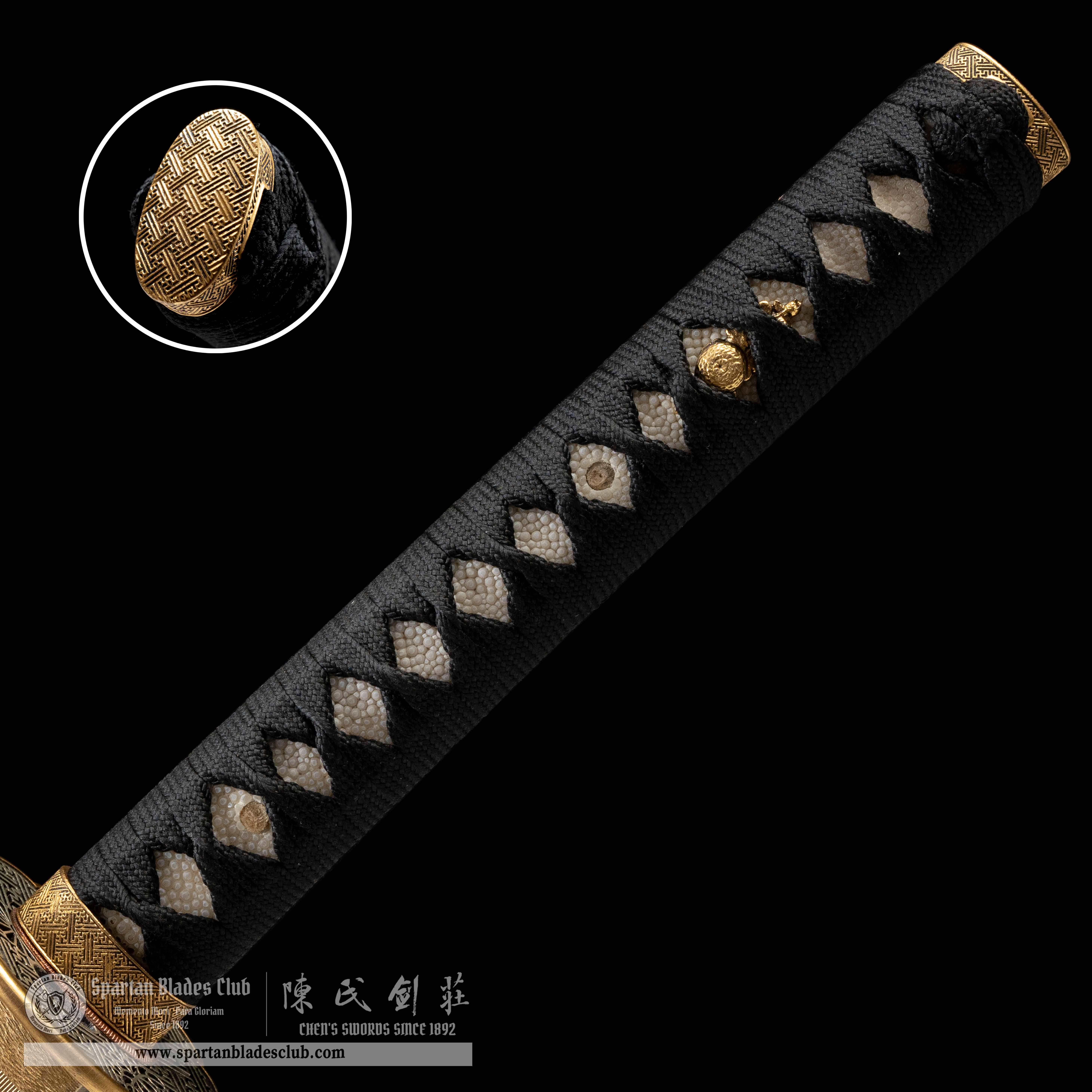 HY15|Fishscale Shadow Katana|Katana|Damascus steel wraps around T10 steel|fishskin|Black&White|Battle-Ready|Full-tang|Spartan Blades Club|CHEN'S SWORDS 1892 - Spartan Blades Club - 陳氏劍莊1892