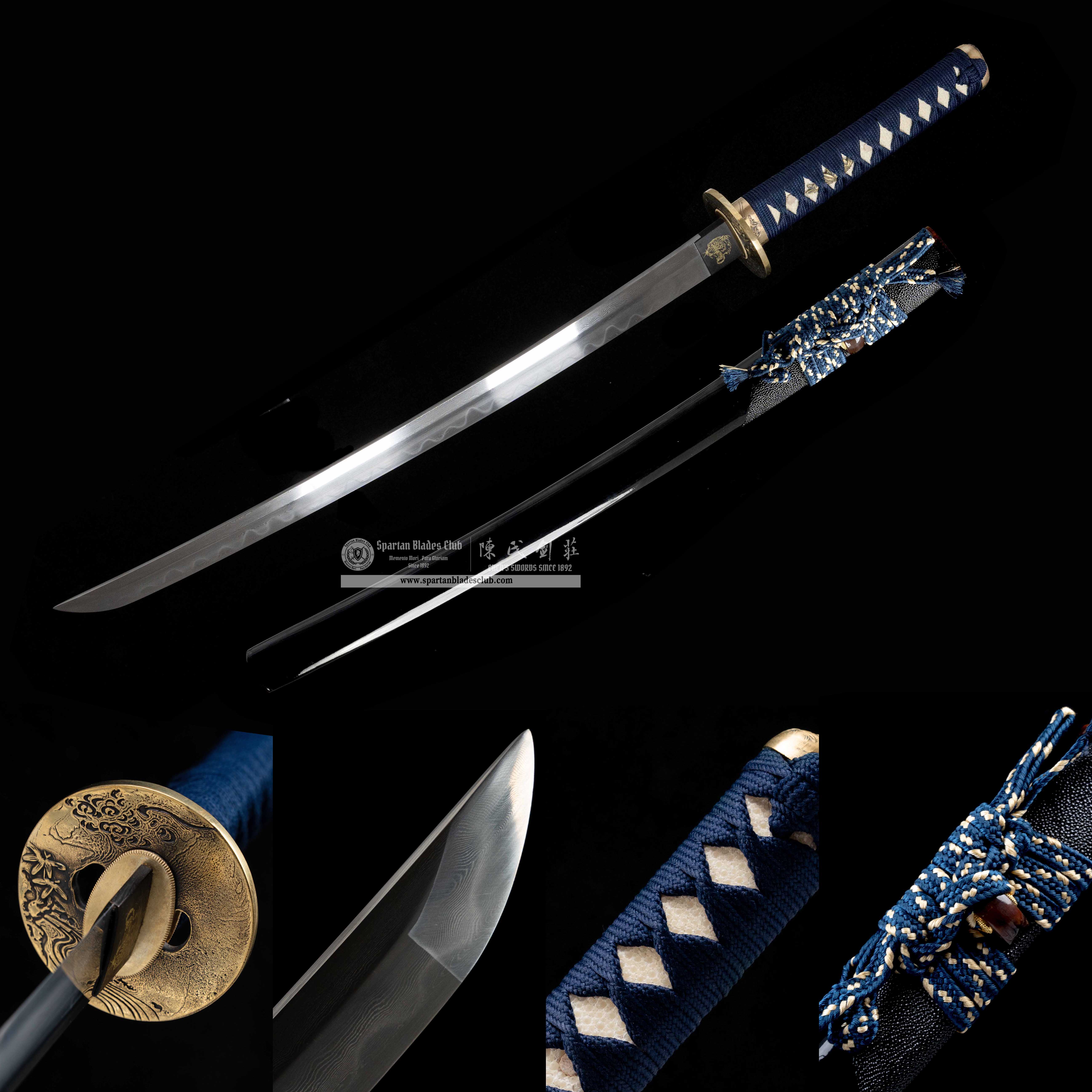 HY19|🐯Hu Lan Samurai|Wakizashi|Damascus steel|Clay-tempered|Real Hamon|Tiger|Black&blue|Battle-Ready|Full-tang|Spartan Blades Club| CHEN'S SWORDS 1892 - Spartan Blades Club