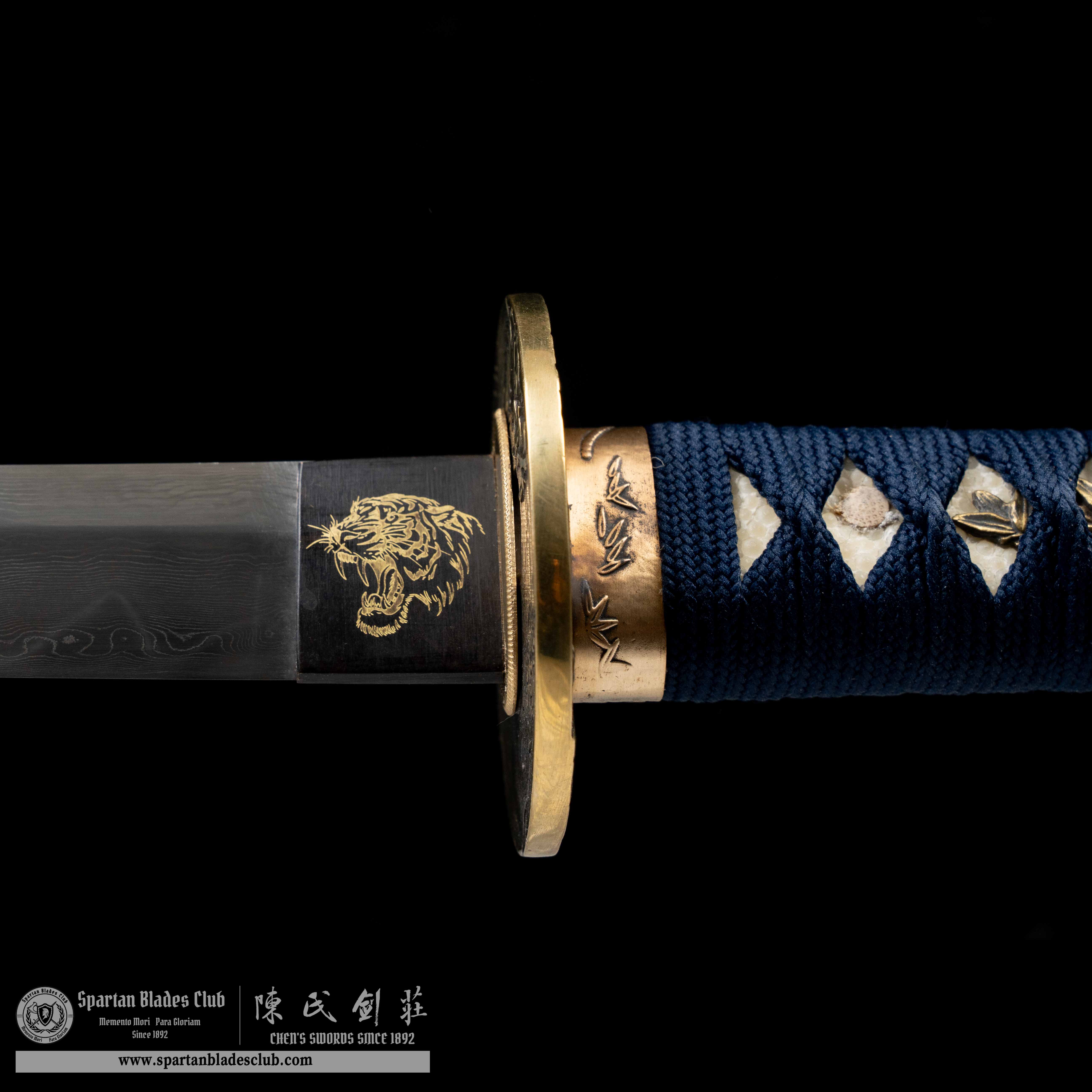 HY19|🐯Hu Lan Samurai|Wakizashi|Damascus steel|Clay-tempered|Real Hamon|Tiger|Black&blue|Battle-Ready|Full-tang|Spartan Blades Club| CHEN'S SWORDS 1892 - Spartan Blades Club