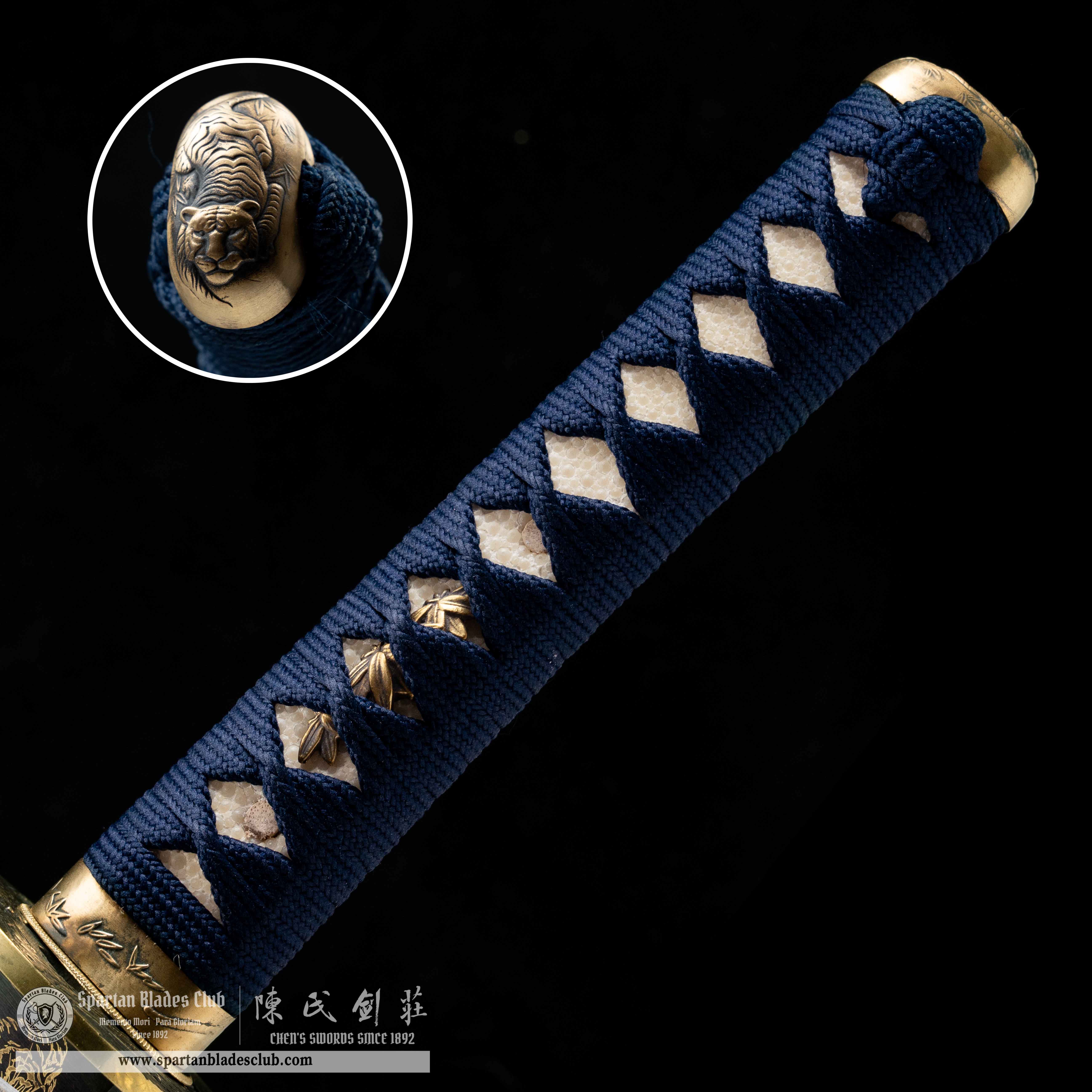 HY19|🐯Hu Lan Samurai|Wakizashi|Damascus steel|Clay-tempered|Real Hamon|Tiger|Black&blue|Battle-Ready|Full-tang|Spartan Blades Club| CHEN'S SWORDS 1892 - Spartan Blades Club