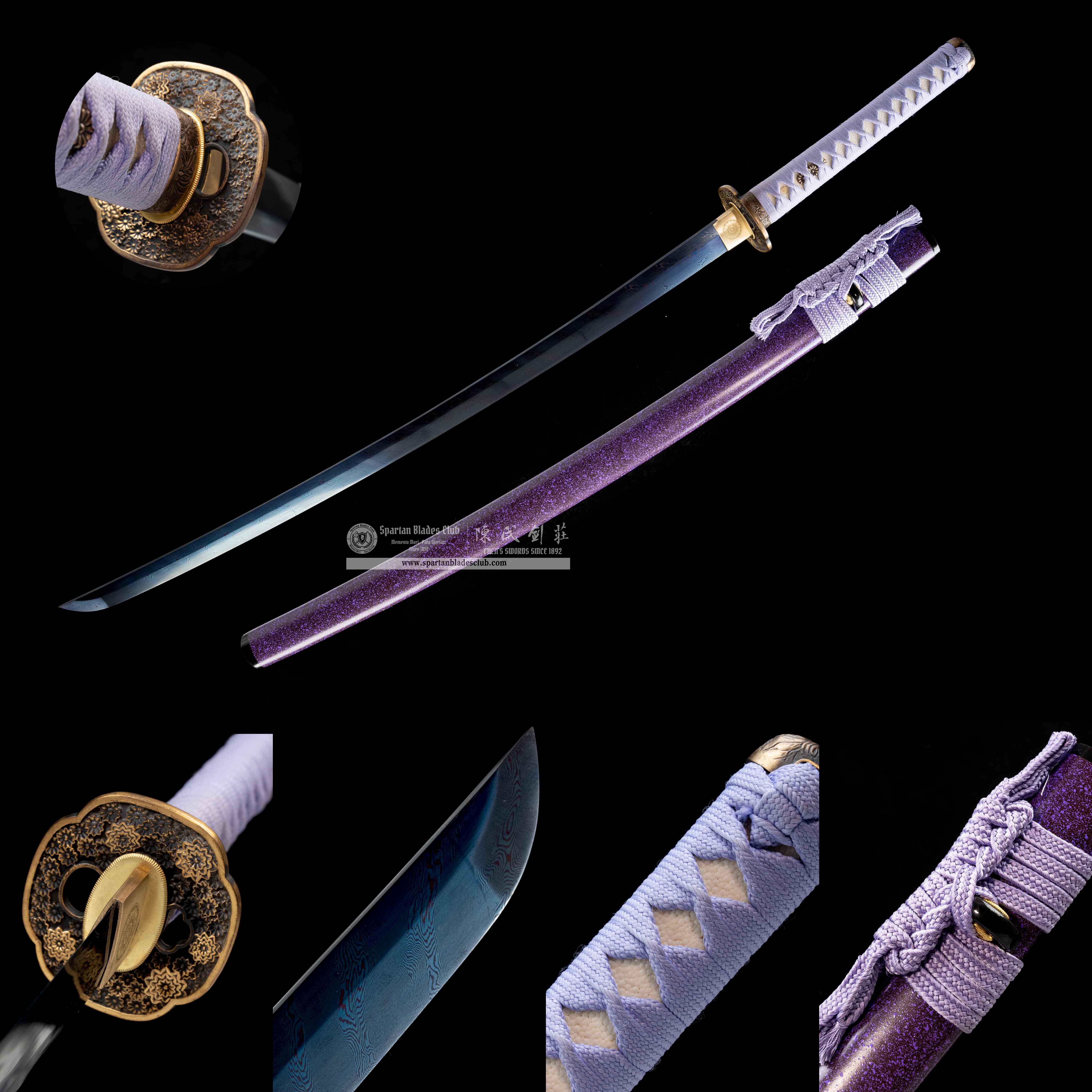HY23|🟣Zi xia Samurai|Katana|Damascus steel|Heat-Colored|Purple Blue|Battle-Ready|Full-tang|Spartan Blades Club|CHEN'S SWORDS 1892 - Spartan Blades Club - 陳氏劍莊1892