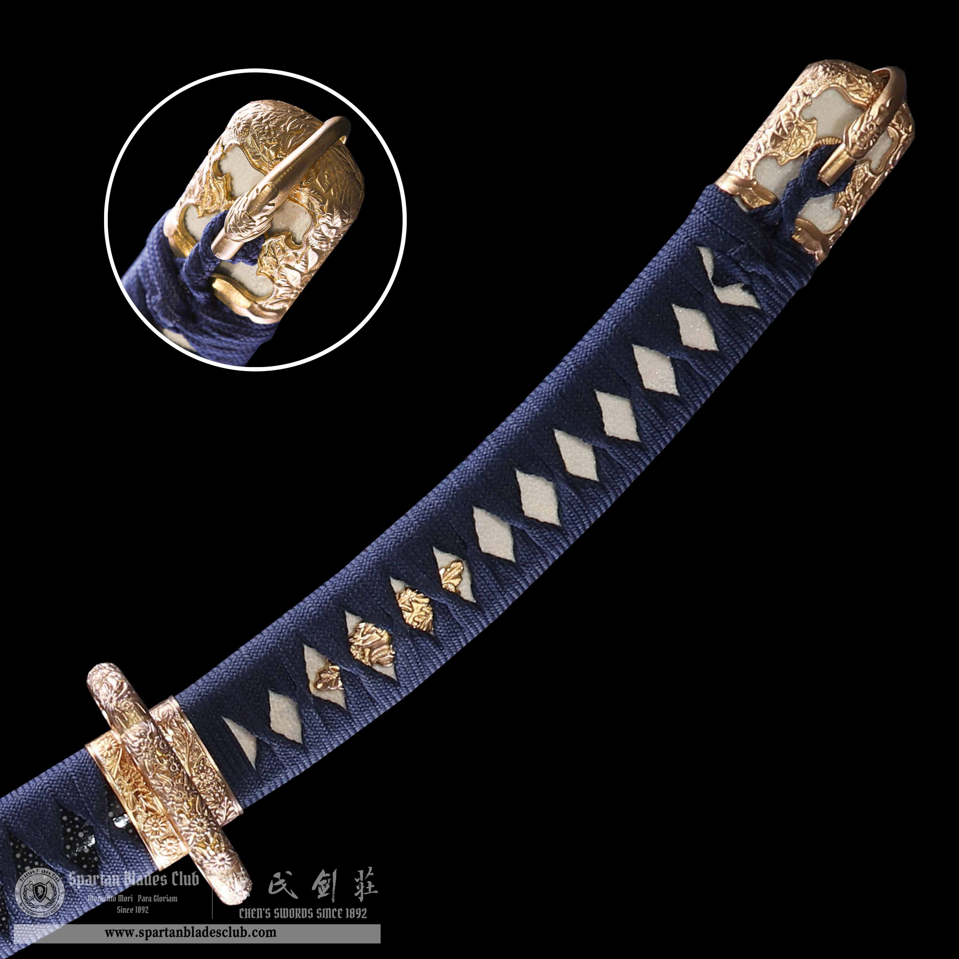 HY25|Azure - Gold Tachi|Tachi|Damascus steel|Clay-tempered|Real Hamon|Blue&golden|Battle-Ready|Full-tang|Spartan Blades Club|CHEN'S SWORDS 1892 - Spartan Blades Club - 陳氏劍莊1892