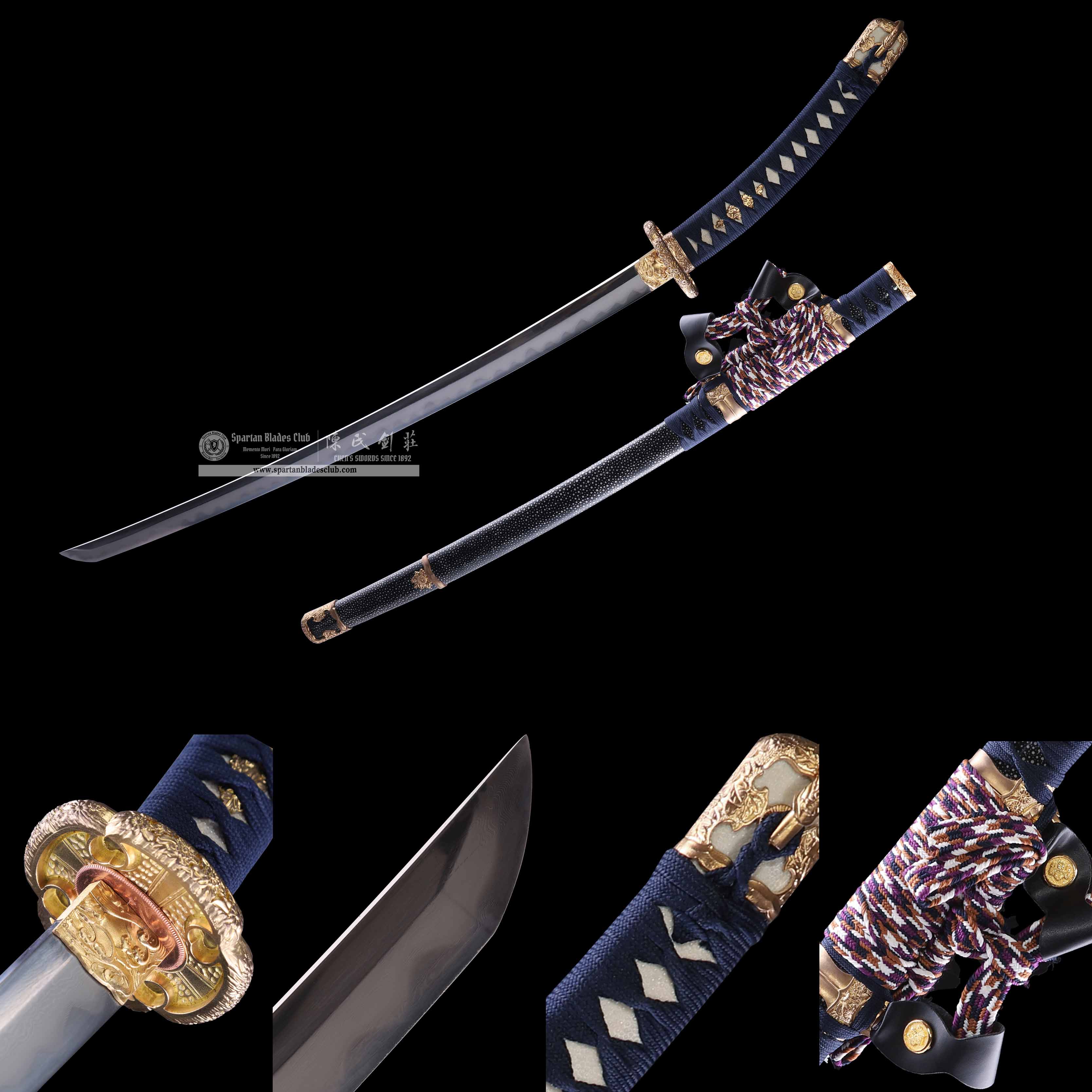 HY25|Azure - Gold Tachi|Tachi|Damascus steel|Clay-tempered|Real Hamon|Blue&golden|Battle-Ready|Full-tang|Spartan Blades Club|CHEN'S SWORDS 1892 - Spartan Blades Club - 陳氏劍莊1892