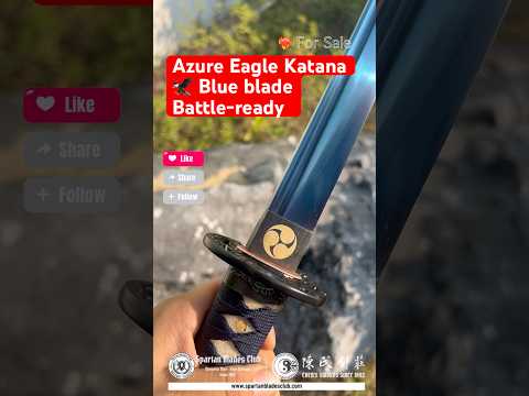 video for Azure Eagle Katana, high carbon steel, heat-colored blue blade, battle-ready, real sword. eagle and dragon motifs.