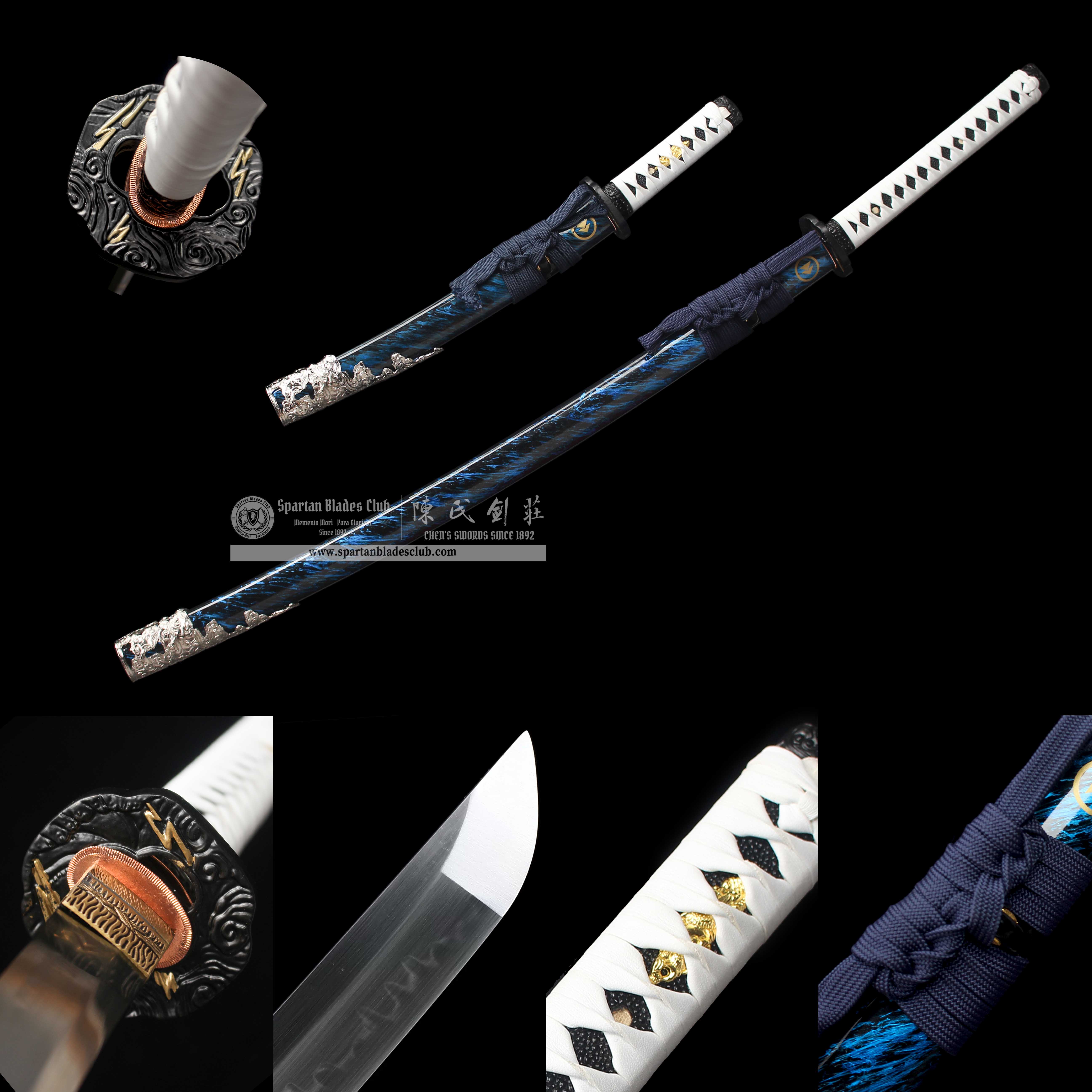 HY29|Ghost Of Tsushima Swords Set - Advanced Version|Daisho set|T10 steel|Clay-tempered|Real Hamon|Blue&silvery|Battle-Ready|Full-tang|Spartan Blades Club|CHEN'S SWORDS 1892 - Spartan Blades Club