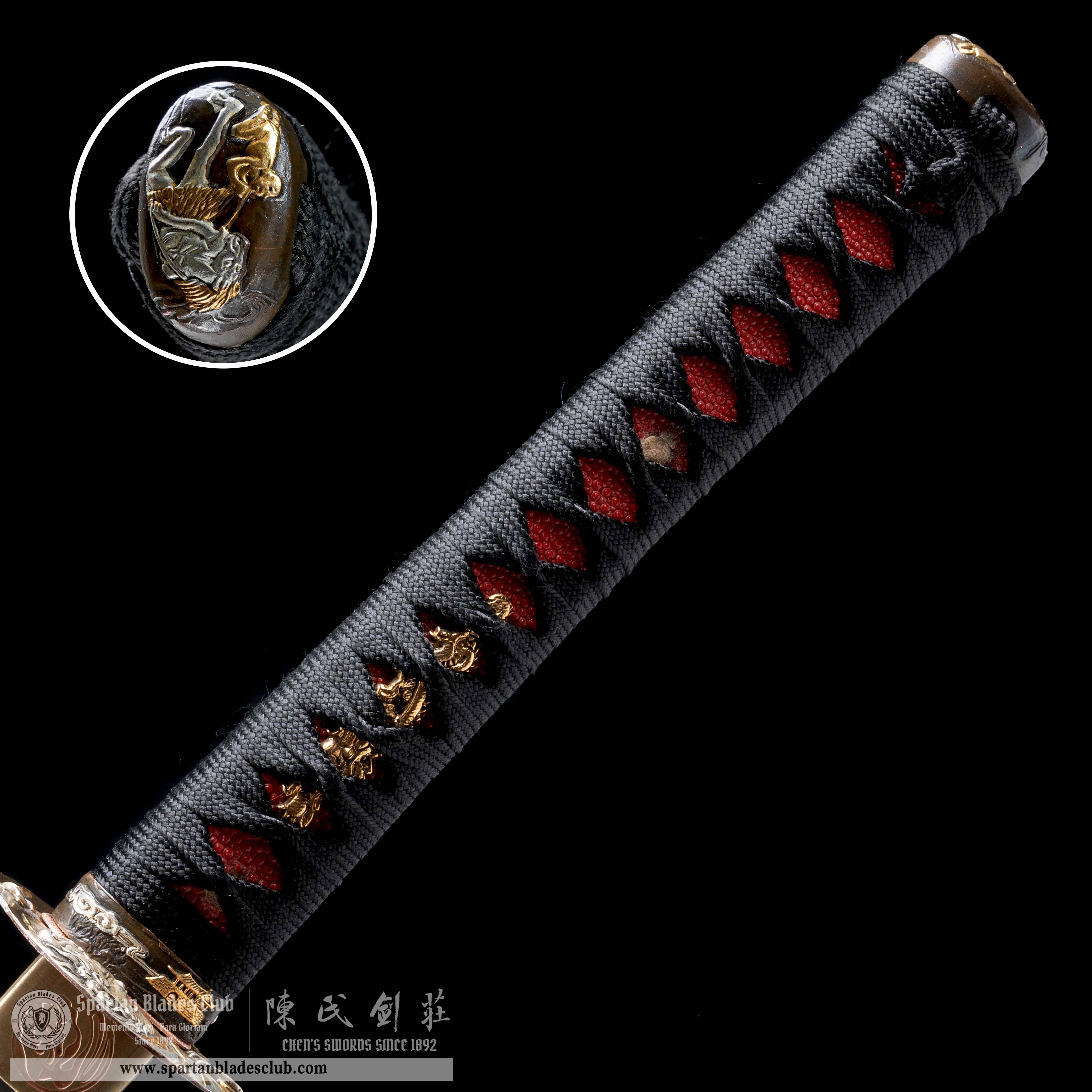 HY31|🔴Blood Guanyin|Katana|Honsanmai structure blade|Tamahagane steel wrapped in Damascus steel|Clay-tempered|Real Hamon|Black&red|Battle-Ready|Full-tang|Spartan Blades Club|CHEN'S SWORDS 1892 - Spartan Blades Club - 陳氏劍莊1892