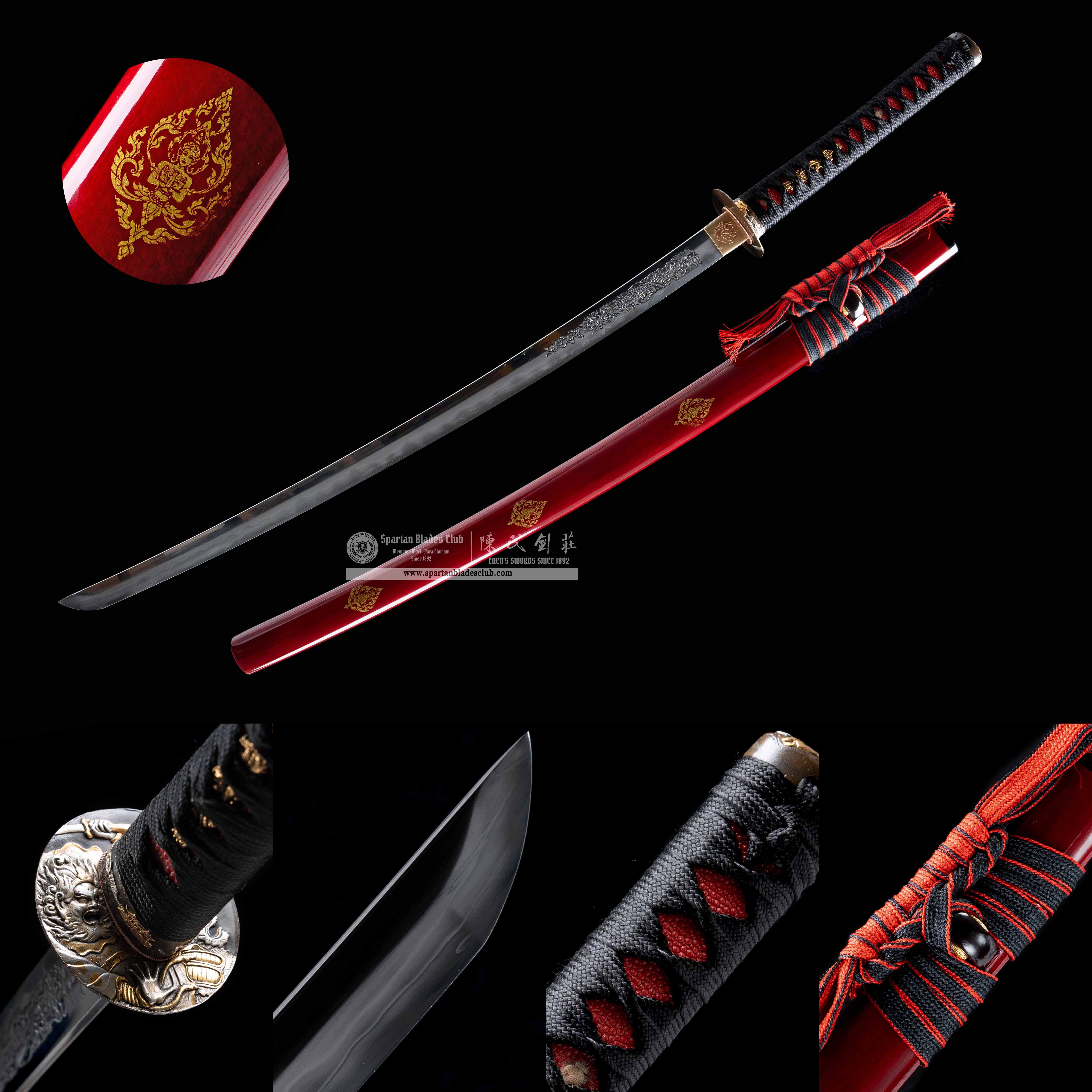 HY31|🔴Blood Guanyin|Katana|Honsanmai structure blade|Tamahagane steel wrapped in Damascus steel|Clay-tempered|Real Hamon|Black&red|Battle-Ready|Full-tang|Spartan Blades Club|CHEN'S SWORDS 1892 - Spartan Blades Club - 陳氏劍莊1892