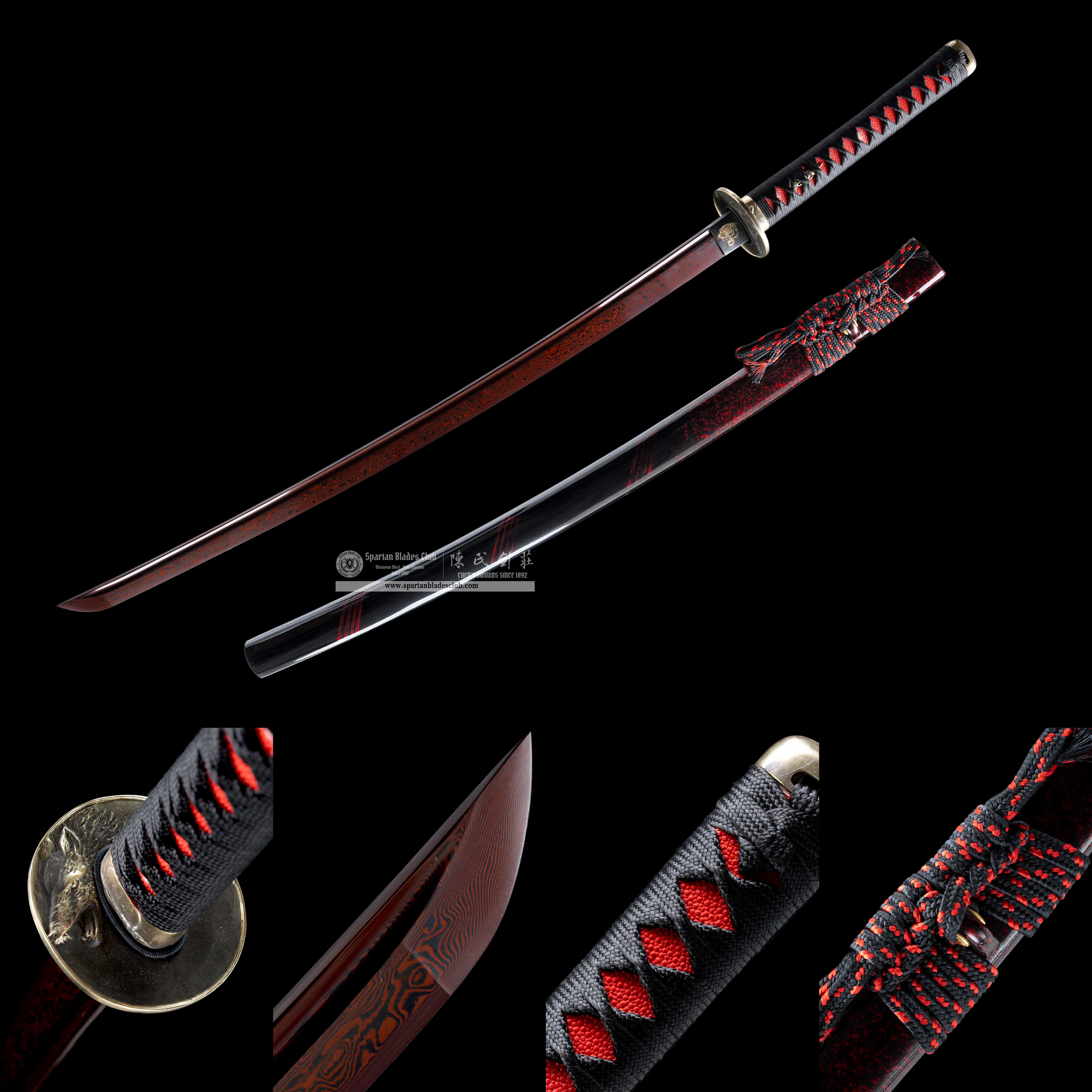 HY33|🔥Bloody Wolf Samurai - Chilang|Katana|Damascus steel|Heat-colored red|Black&red|wolf|Battle-Ready|Full-tang|Spartan Blades Club|CHEN'S SWORDS 1892 - Spartan Blades Club - 陳氏劍莊1892