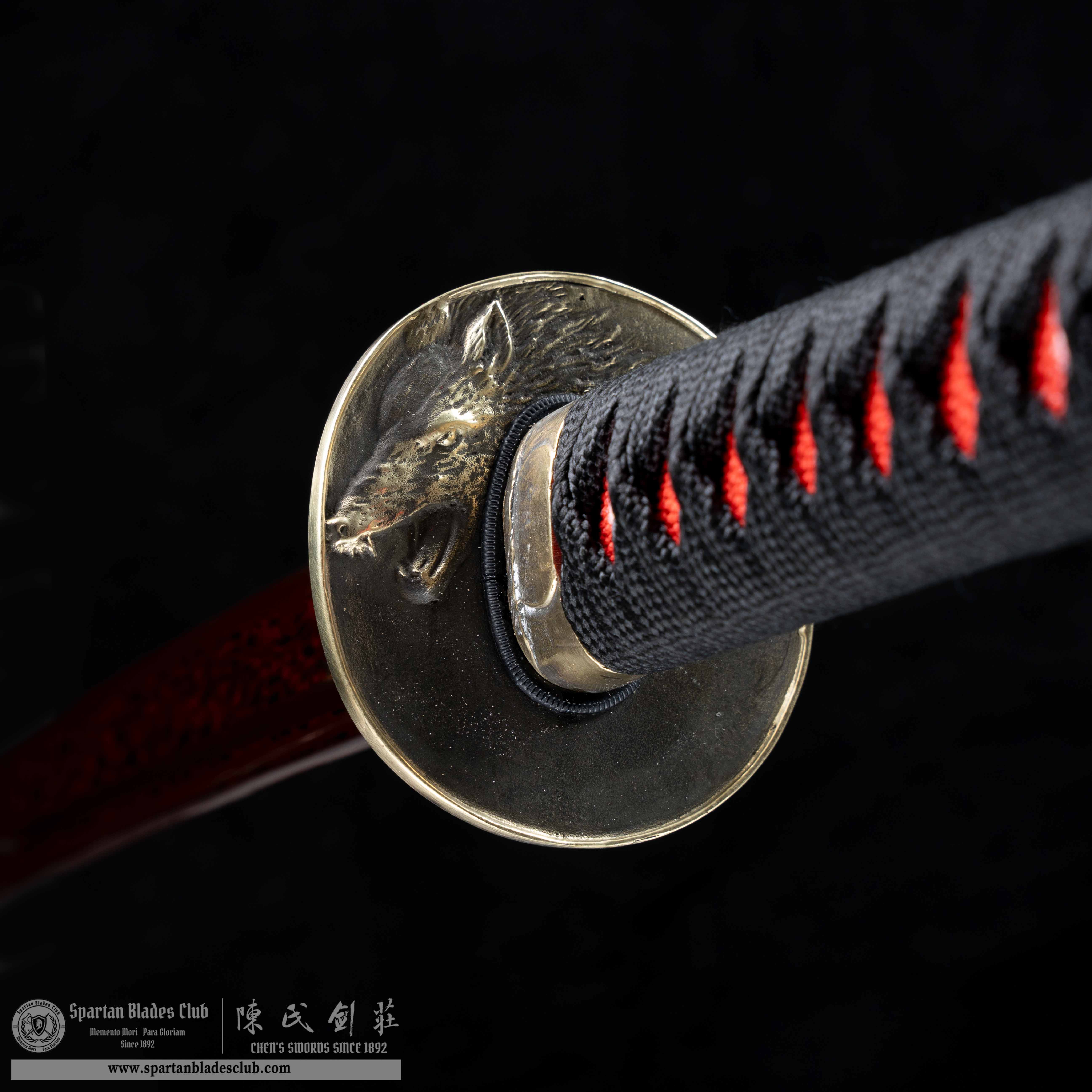 HY33|🔥Bloody Wolf Samurai - Chilang|Katana|Damascus steel|Heat-colored red|Black&red|wolf|Battle-Ready|Full-tang|Spartan Blades Club|CHEN'S SWORDS 1892 - Spartan Blades Club - 陳氏劍莊1892