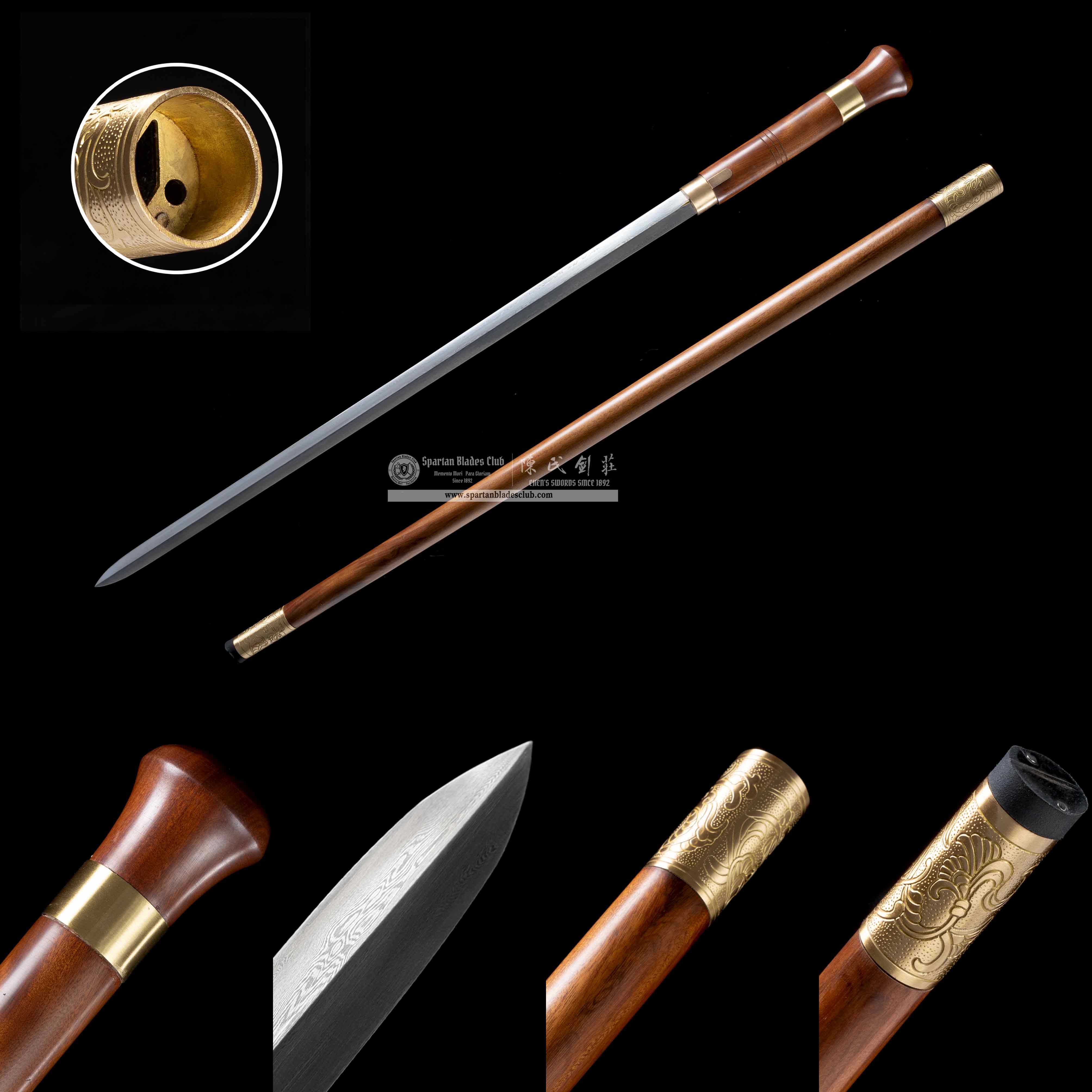 HY36|Jing Wen Sword|Cane Sword|Damascus steel|Brown&Golden|Battle-Ready|Full-tang|Spartan Blades Club|CHEN'S SWORDS 1892 - Spartan Blades Club - 陳氏劍莊1892