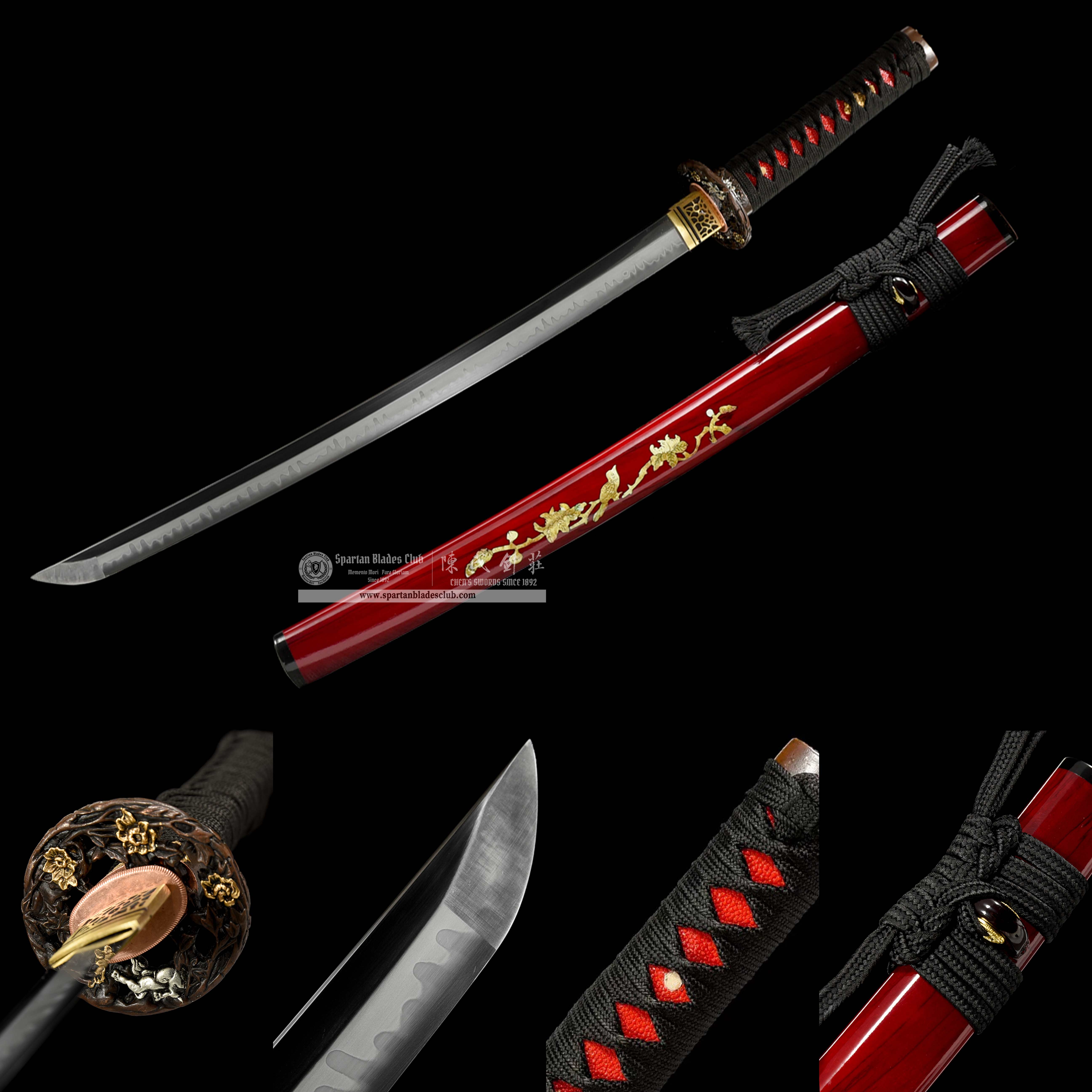 HW02|ZhuYan Wakizashi|Wakizashi|T10 steel|Clay-tempered|Real Hamon|Red|Battle-Ready|Full-tang|Spartan Blades Club|CHEN'S SWORDS 1892 - Spartan Blades Club - 陳氏劍莊1892
