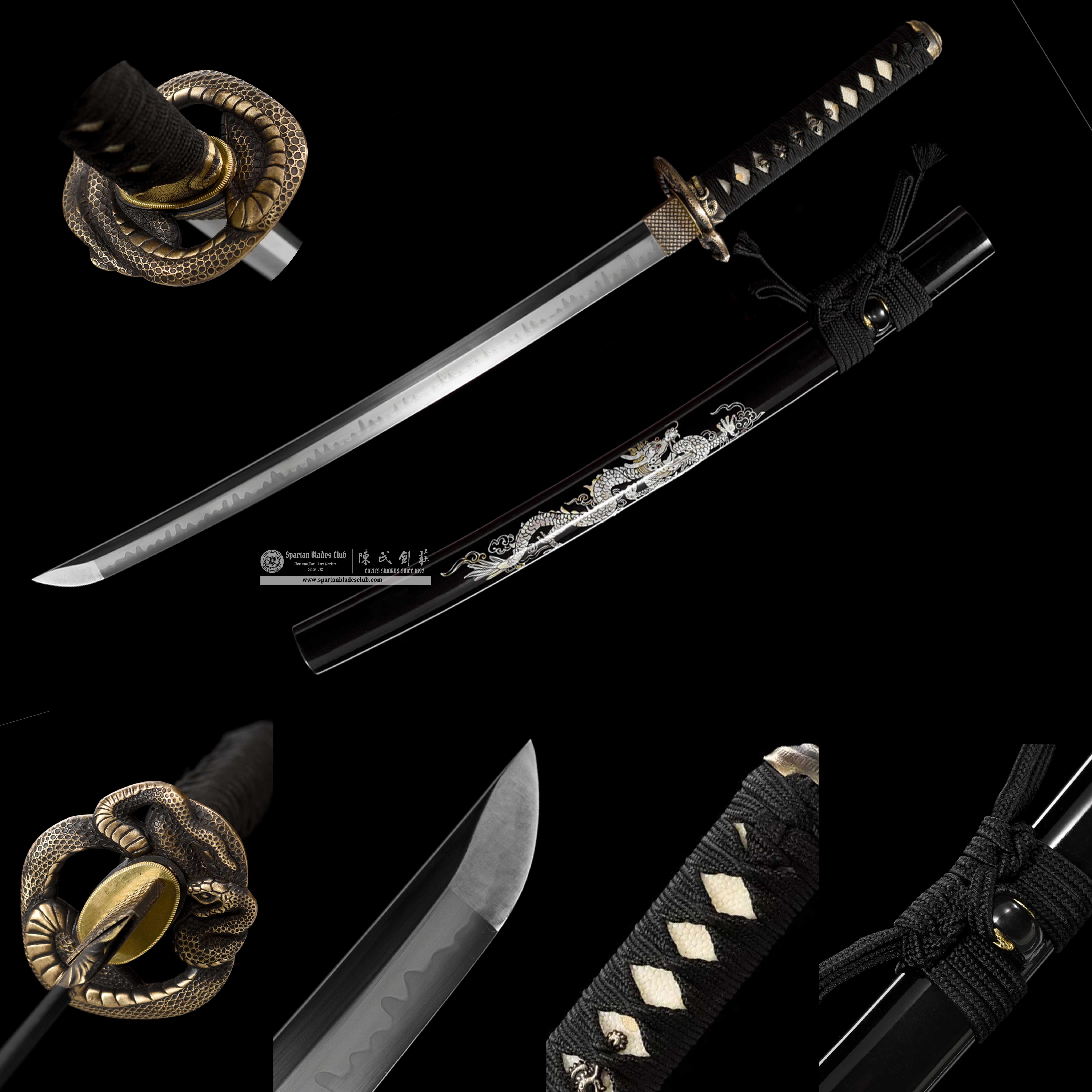 HW05|LoongShe Samurai|Wakizashi|T10 steel|Clay-tempered|Real Hamon|Black|Battle-Ready|Full-tang|Spartan Blades Club|CHEN'S SWORDS 1892 - Spartan Blades Club - 陳氏劍莊1892