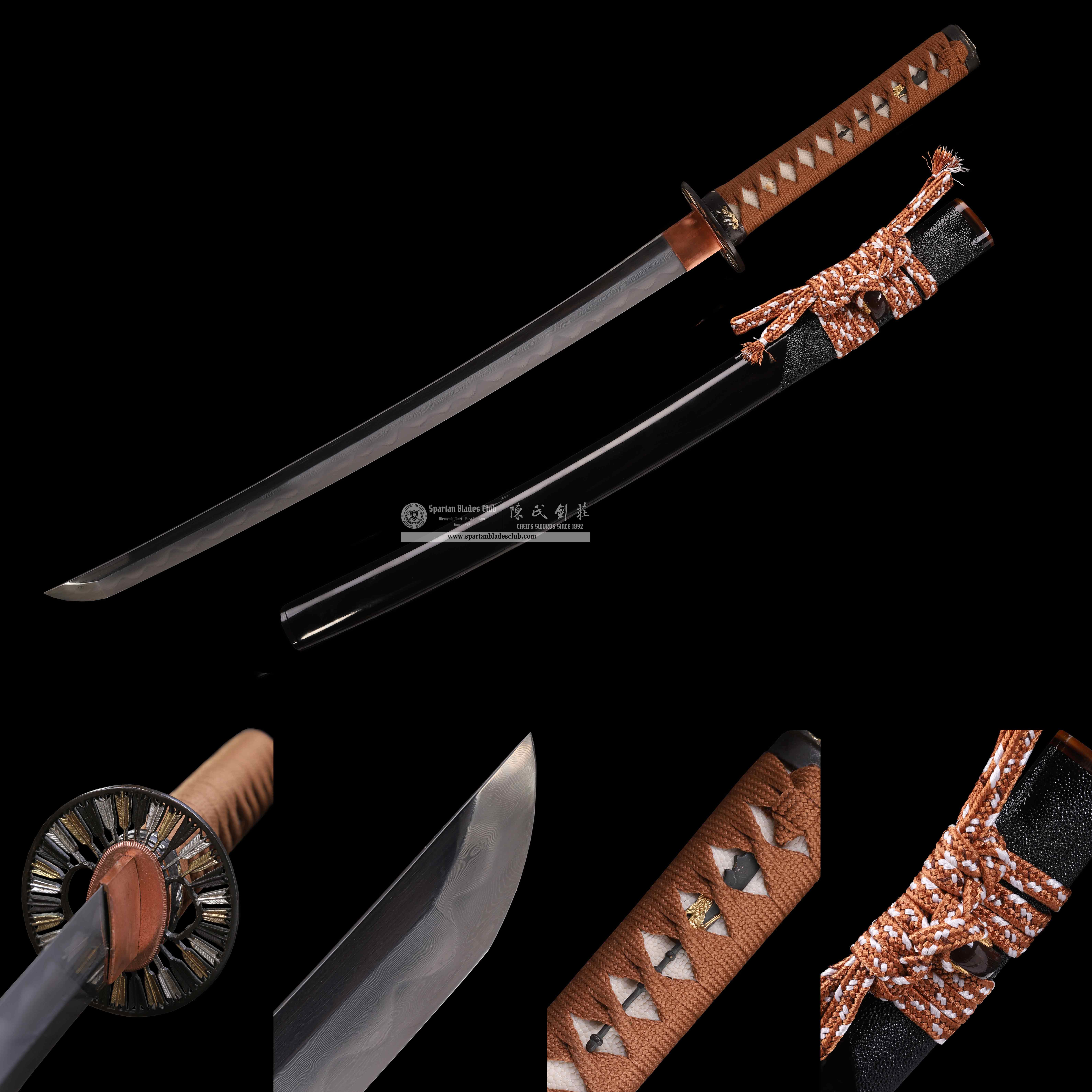 HY41|Hero-arrow|Wakizashi|Damascus steel|Clay-tempered Three-color Polishing|Real hamon|Black&brown|Arrow|Battle-Ready|Full-tang|Spartan Blades Club|CHEN'S SWORDS 1892 - Spartan Blades Club - 陳氏劍莊1892