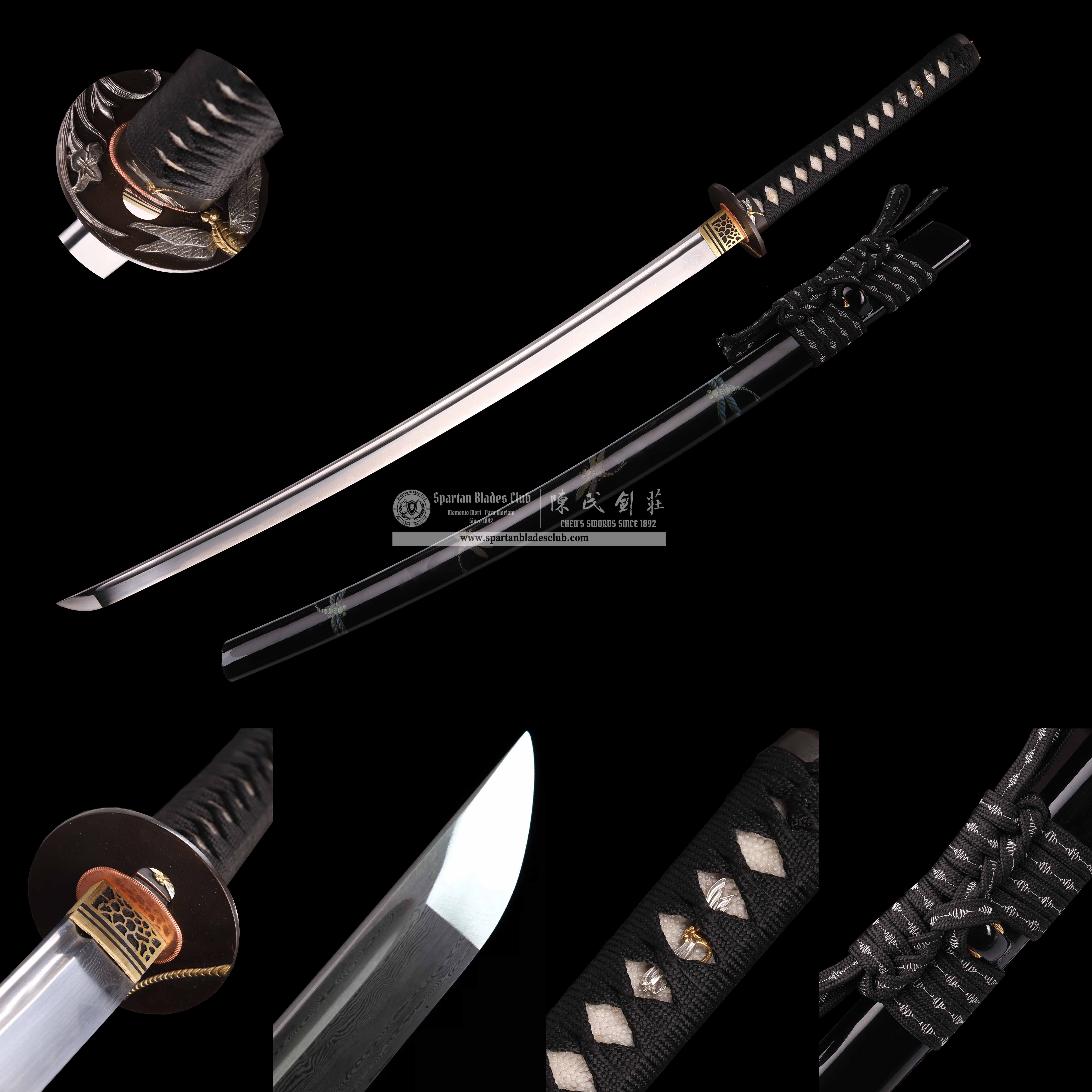 HY43|Shadow Dragonfly|Katana|Damascus steel|Clay-tempered|Real Hamon|Black|Battle-Ready|Full-tang|Spartan Blades Club|CHEN'S SWORDS 1892 - Spartan Blades Club - 陳氏劍莊1892