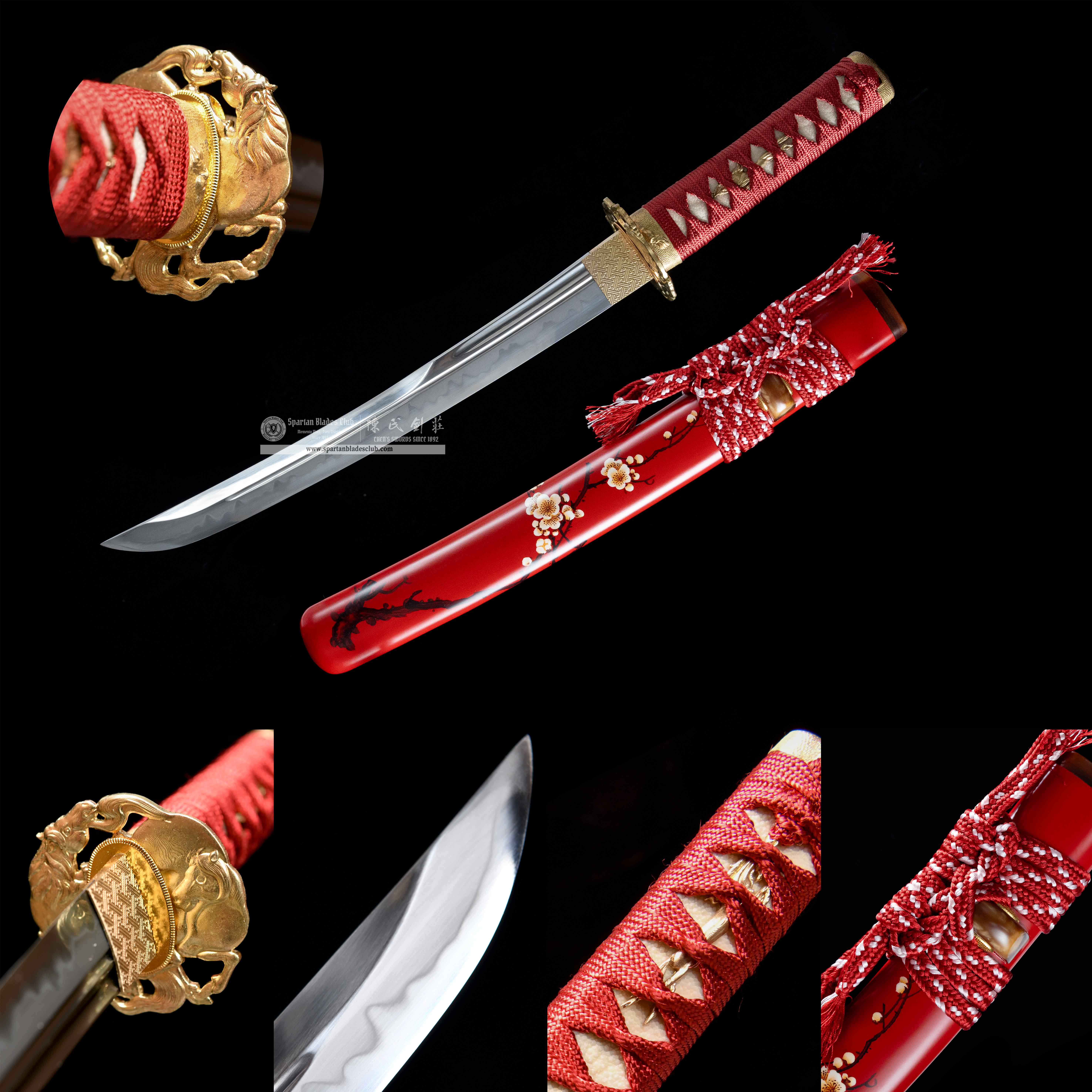HY51|🌸Red Plum|Tanto|T10 Steel|Clay-tempered|Real Hamo|Red&Black|Battle-Ready|Full-tang|Spartan Blades Club|CHEN'S SWORDS 1892 - Spartan Blades Club