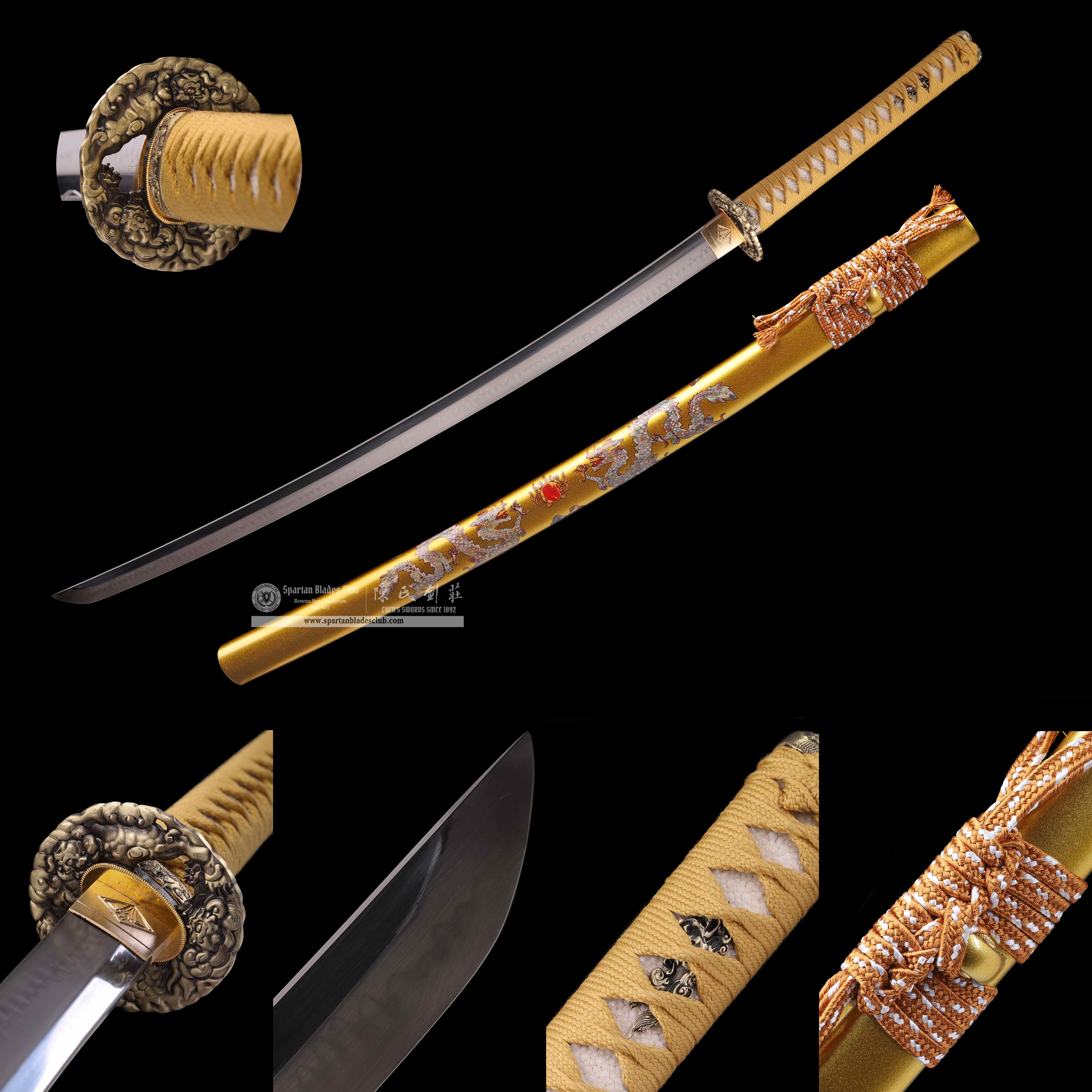 HY45|Golden Loong  Blade|Katana|T10 Steel|Clay-tempered|Real Hamon|Chinese Loong|Golden|Battle-Ready|Full-tang|Spartan Blades Club|CHEN'S SWORDS 1892 - Spartan Blades Club - 陳氏劍莊1892