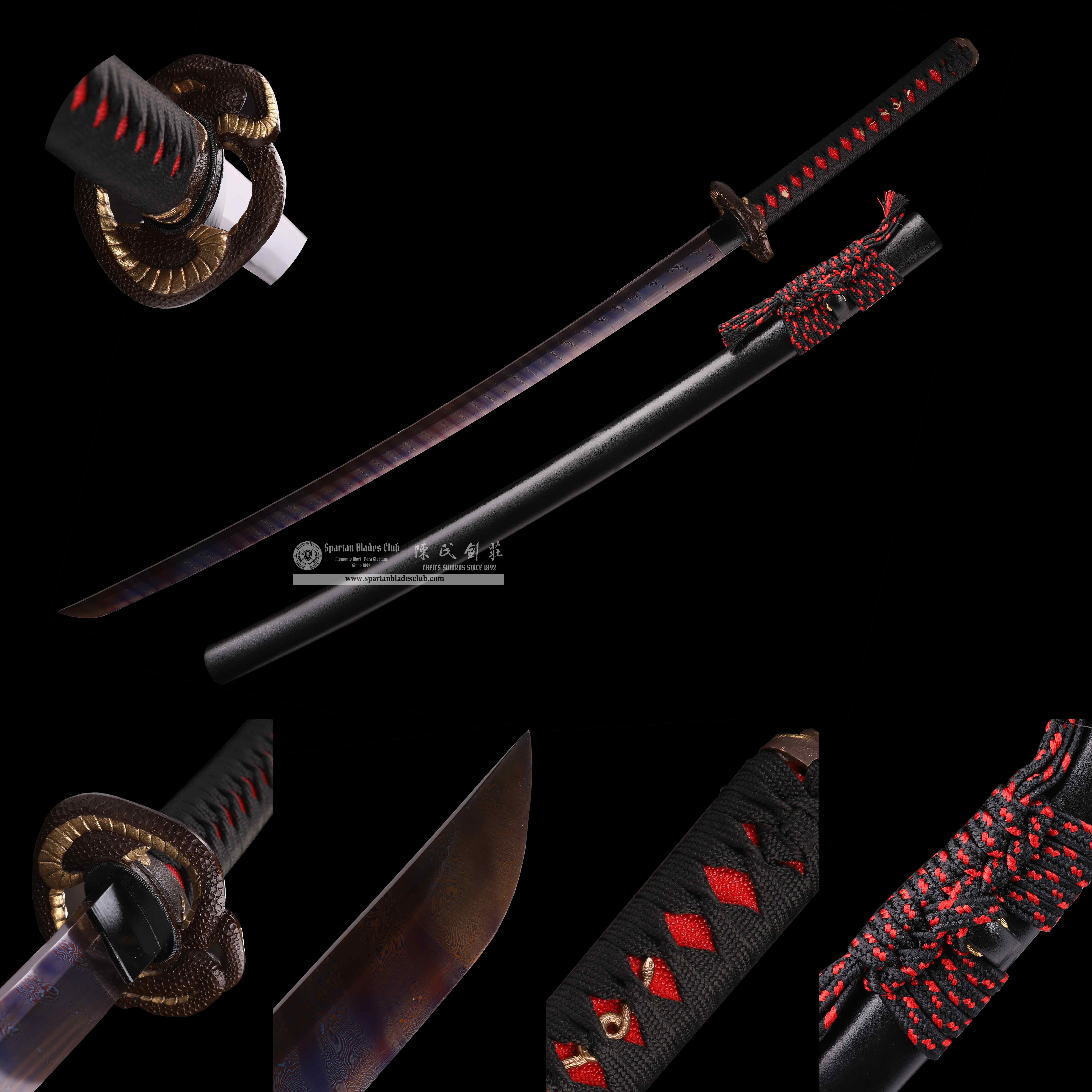HY44|Scarlet Viperblade|Katana|Damascus steel|Heat-colored|Black&Red|Battle-Ready|Full-tang|Spartan Blades Club|CHEN'S SWORDS 1892 - Spartan Blades Club - 陳氏劍莊1892