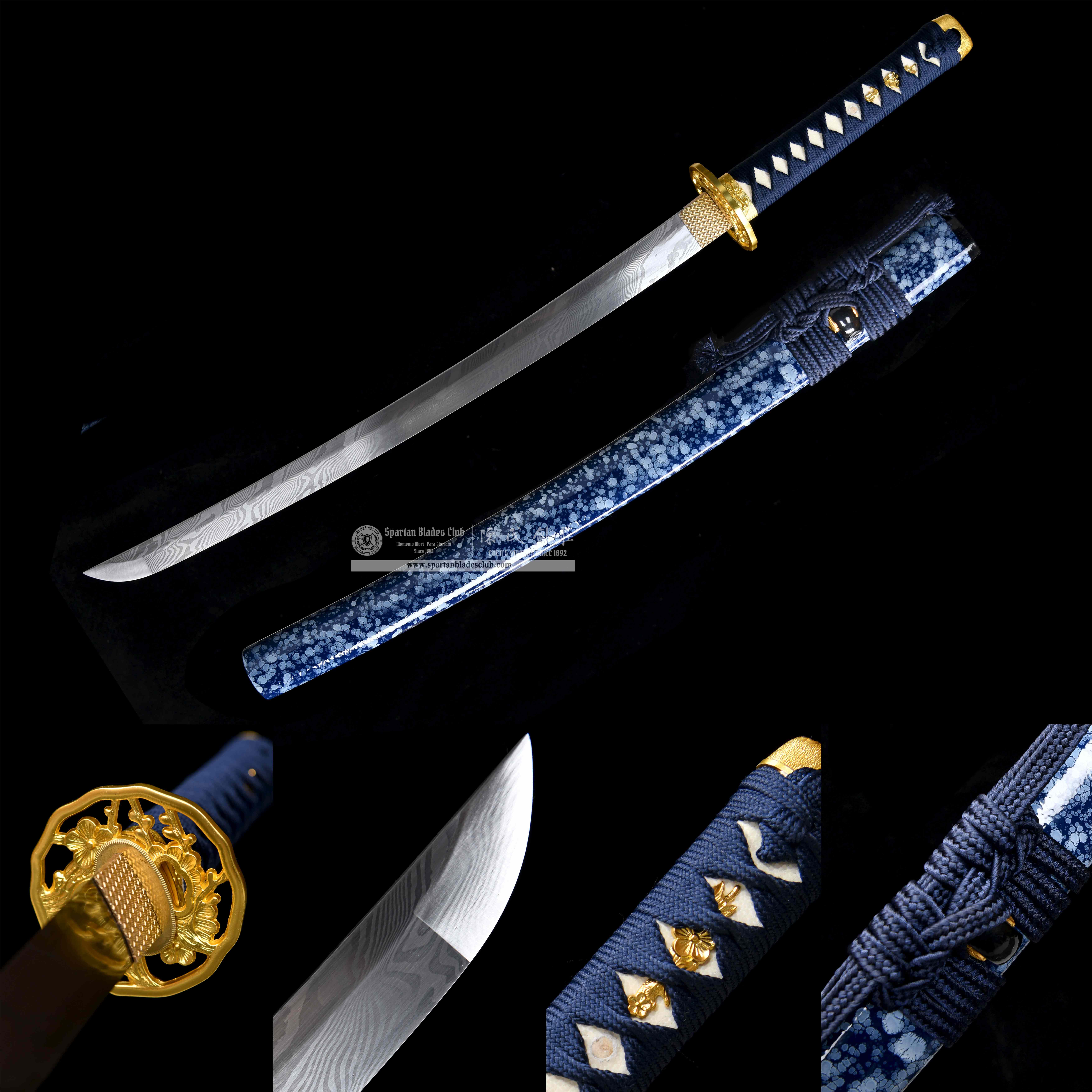 HY47|Aizome Surf Samurai|Wakizashi|Damascus steel|Blue|Battle-Ready|Full-tang|Spartan Blades Club|CHEN'S SWORDS 1892 - Spartan Blades Club - 陳氏劍莊1892
