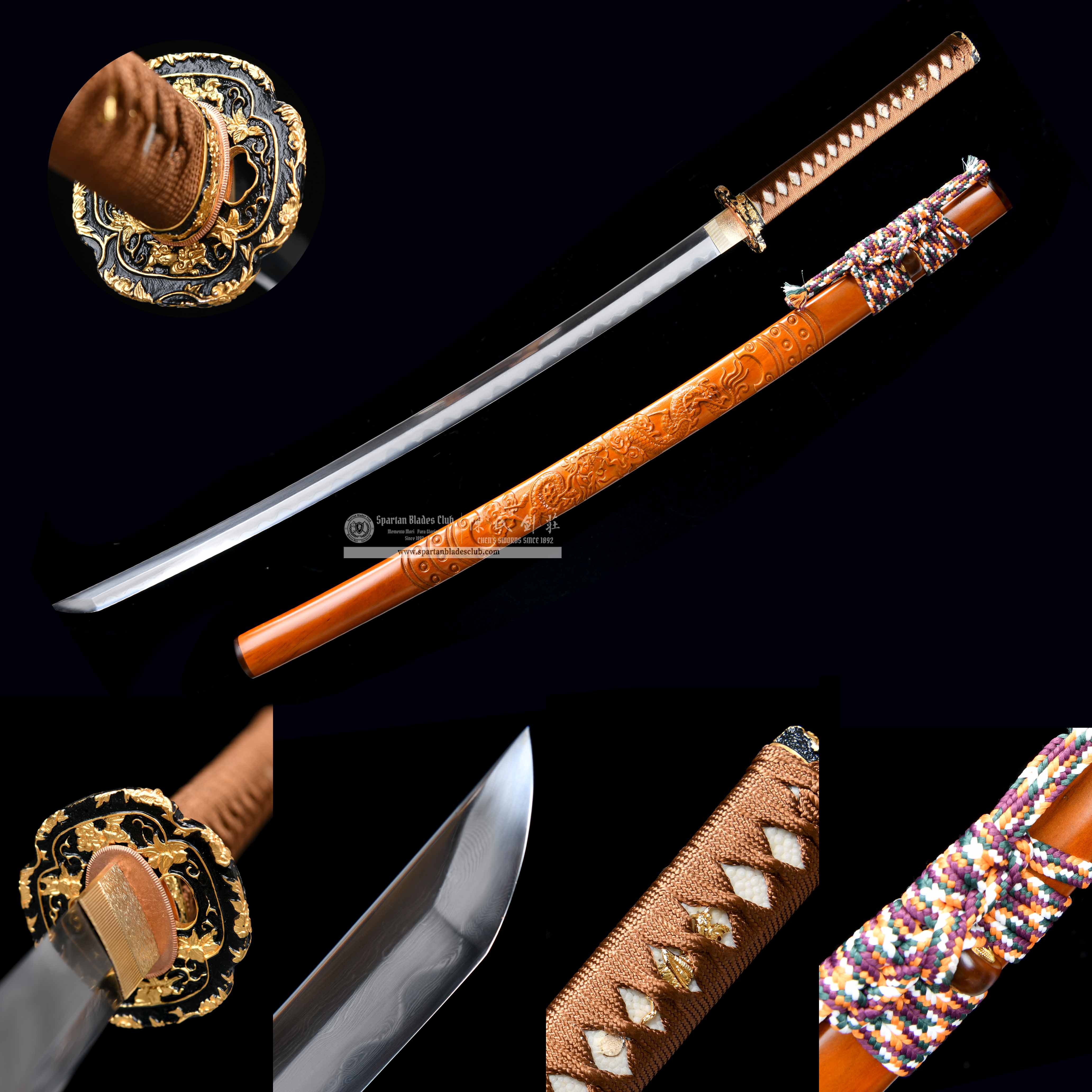 HY56 | Wooden Loong Samurai | Katana | Damascus steel | orange | Loong(Chinese Dragon) | Battle-Ready | Full-tang | Spartan Blades Club | CHEN'S SWORDS 1892 - Spartan Blades Club - 陳氏劍莊1892