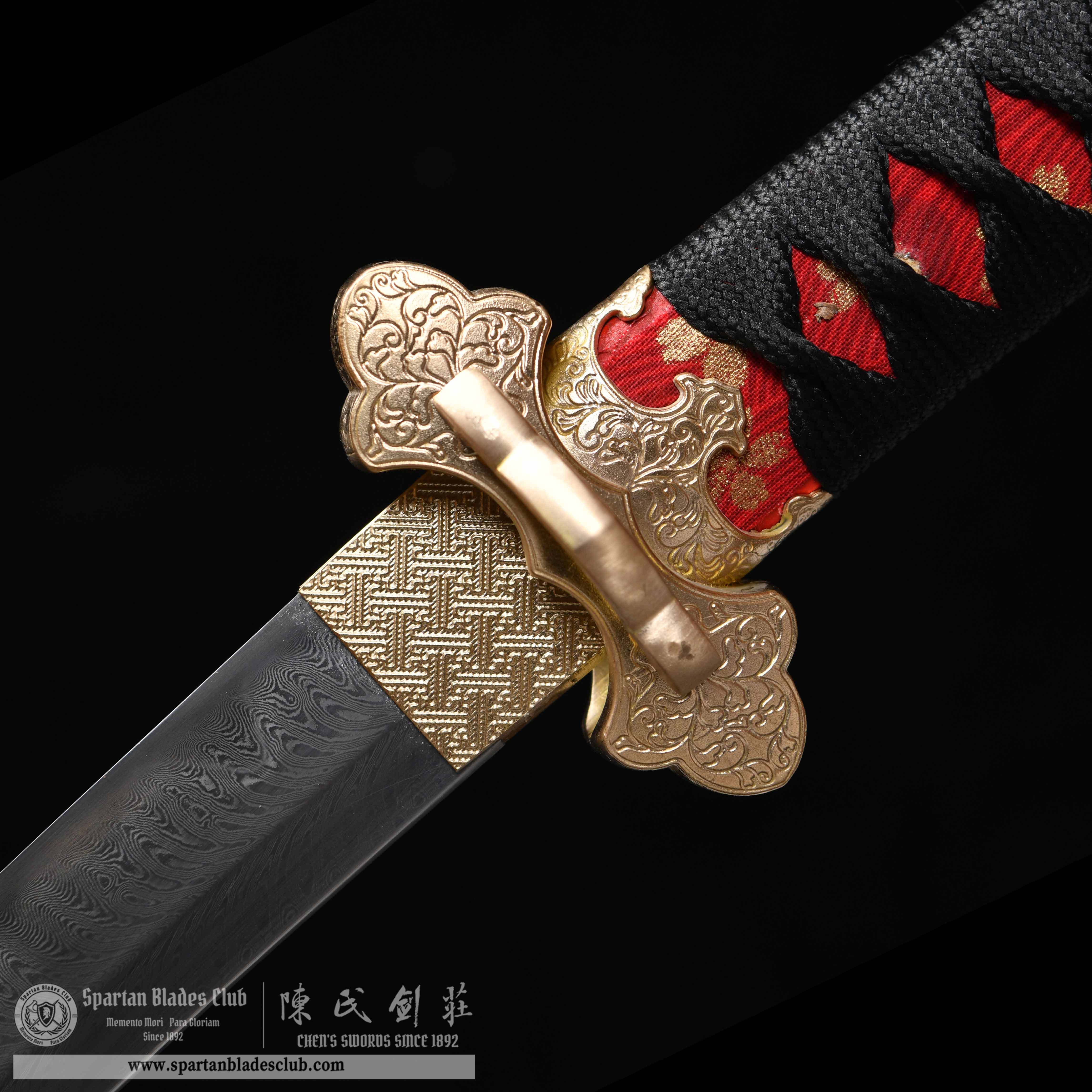 HY58 | Shukiku Samurai | Tachi | Damascus steel | clay-tempered | feather pattern | Red&Black | Flower | Battle-Ready | Full-tang | Spartan Blades Club | CHEN'S SWORDS 1892 - Spartan Blades Club - 陳氏劍莊1892