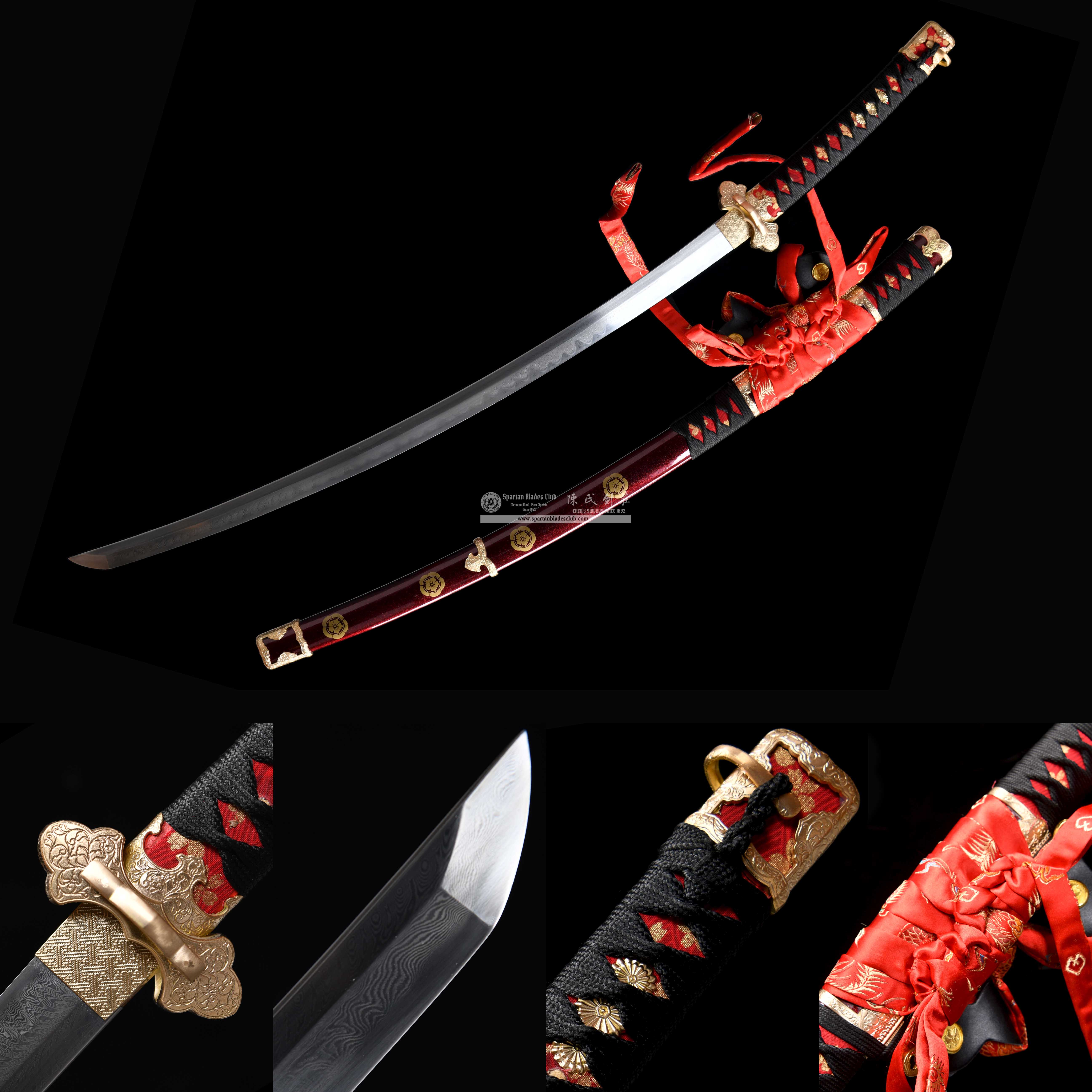 HY58 | Shukiku Samurai | Tachi | Damascus steel | clay-tempered | feather pattern | Red&Black | Flower | Battle-Ready | Full-tang | Spartan Blades Club | CHEN'S SWORDS 1892 - Spartan Blades Club - 陳氏劍莊1892