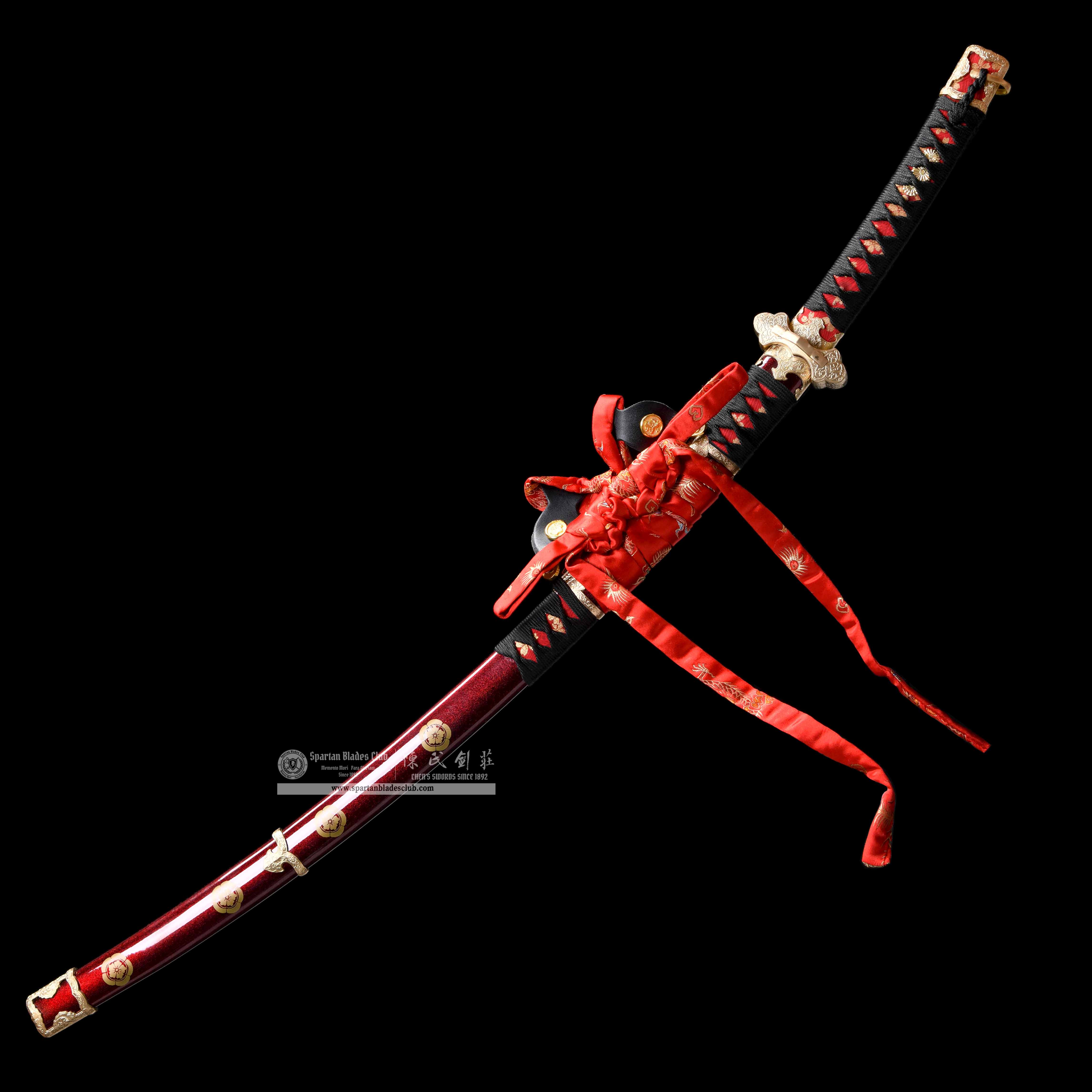 HY58 | Shukiku Samurai | Tachi | Damascus steel | clay-tempered | feather pattern | Red&Black | Flower | Battle-Ready | Full-tang | Spartan Blades Club | CHEN'S SWORDS 1892 - Spartan Blades Club - 陳氏劍莊1892
