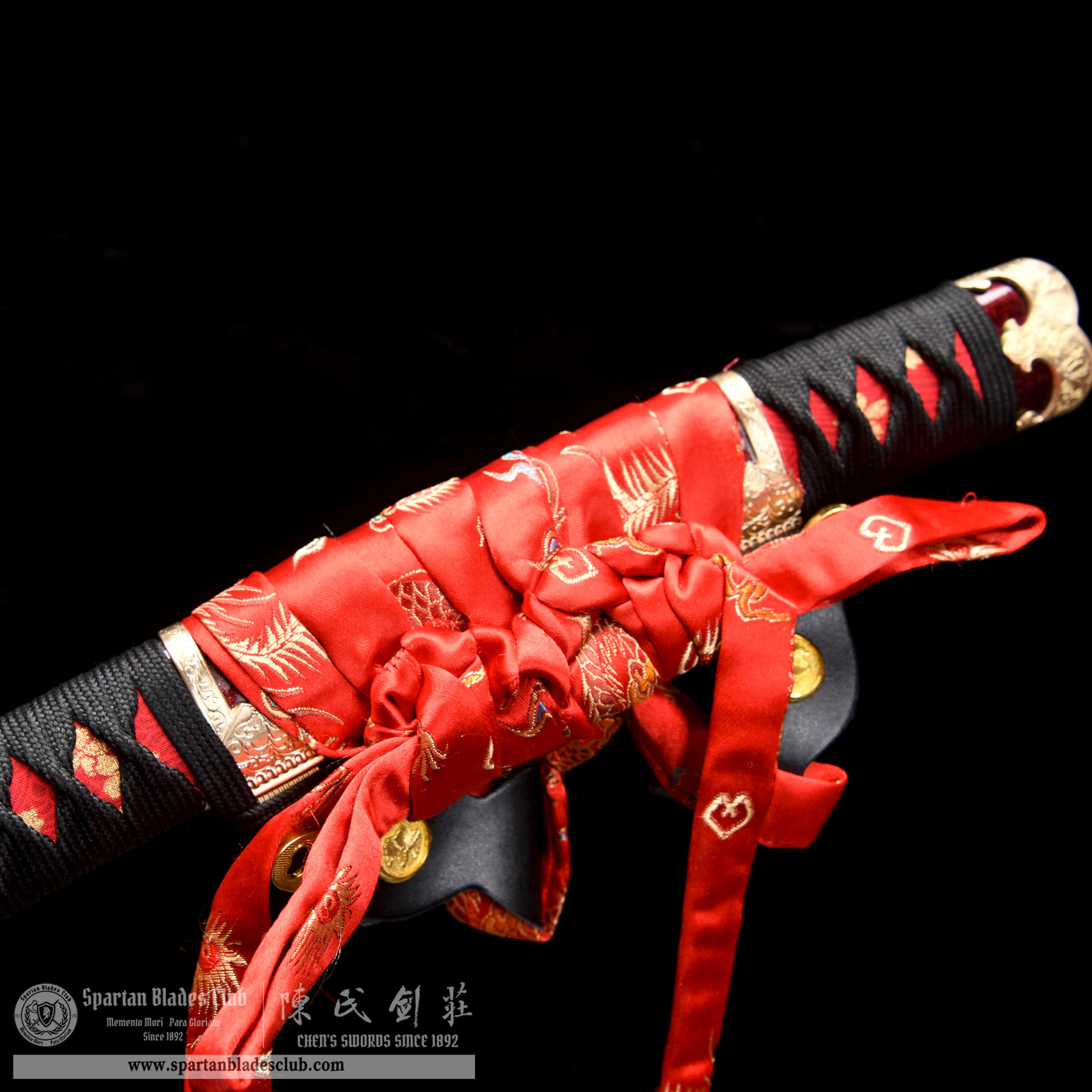 HY58 | Shukiku Samurai | Tachi | Damascus steel | clay-tempered | feather pattern | Red&Black | Flower | Battle-Ready | Full-tang | Spartan Blades Club | CHEN'S SWORDS 1892 - Spartan Blades Club - 陳氏劍莊1892