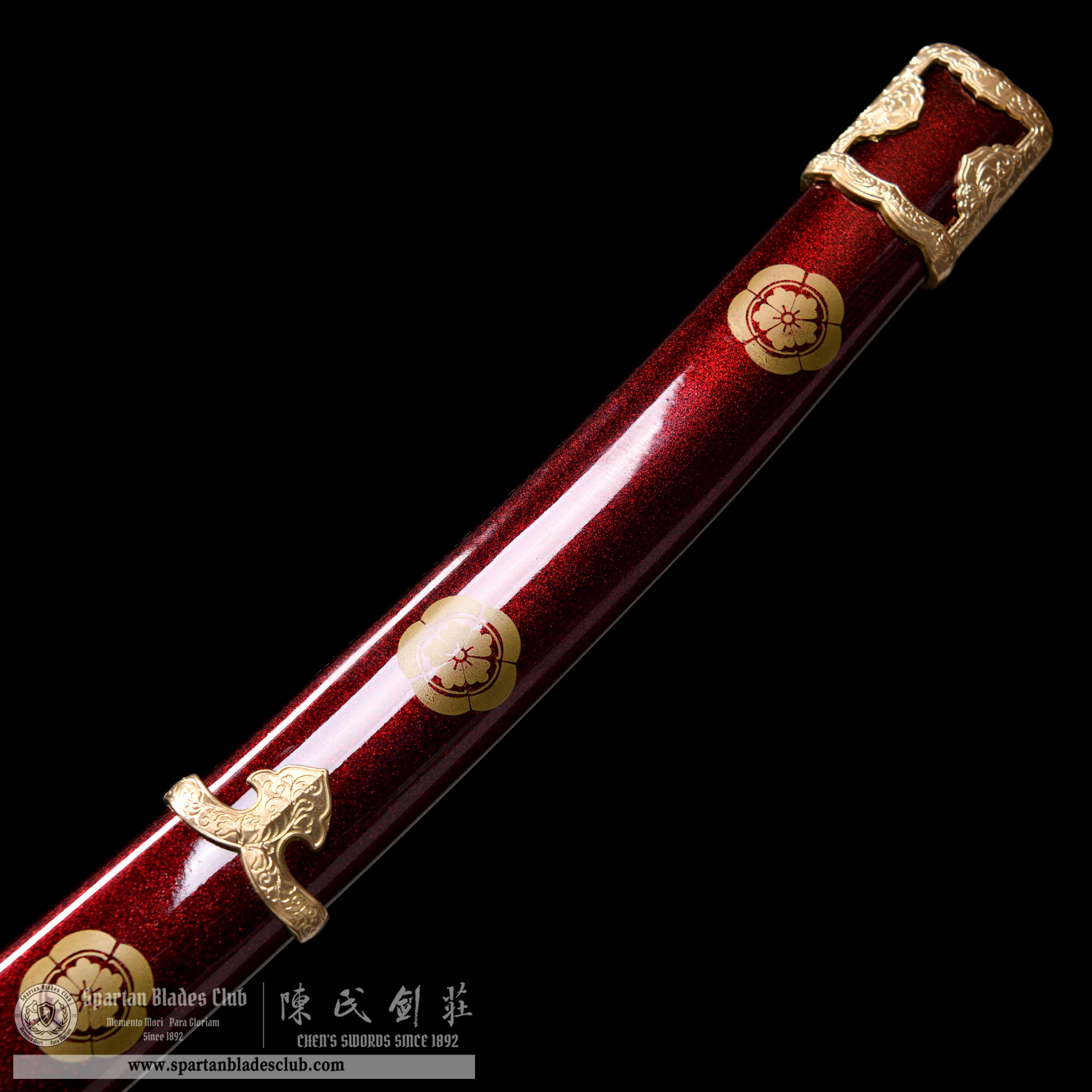 HY58 | Shukiku Samurai | Tachi | Damascus steel | clay-tempered | feather pattern | Red&Black | Flower | Battle-Ready | Full-tang | Spartan Blades Club | CHEN'S SWORDS 1892 - Spartan Blades Club - 陳氏劍莊1892