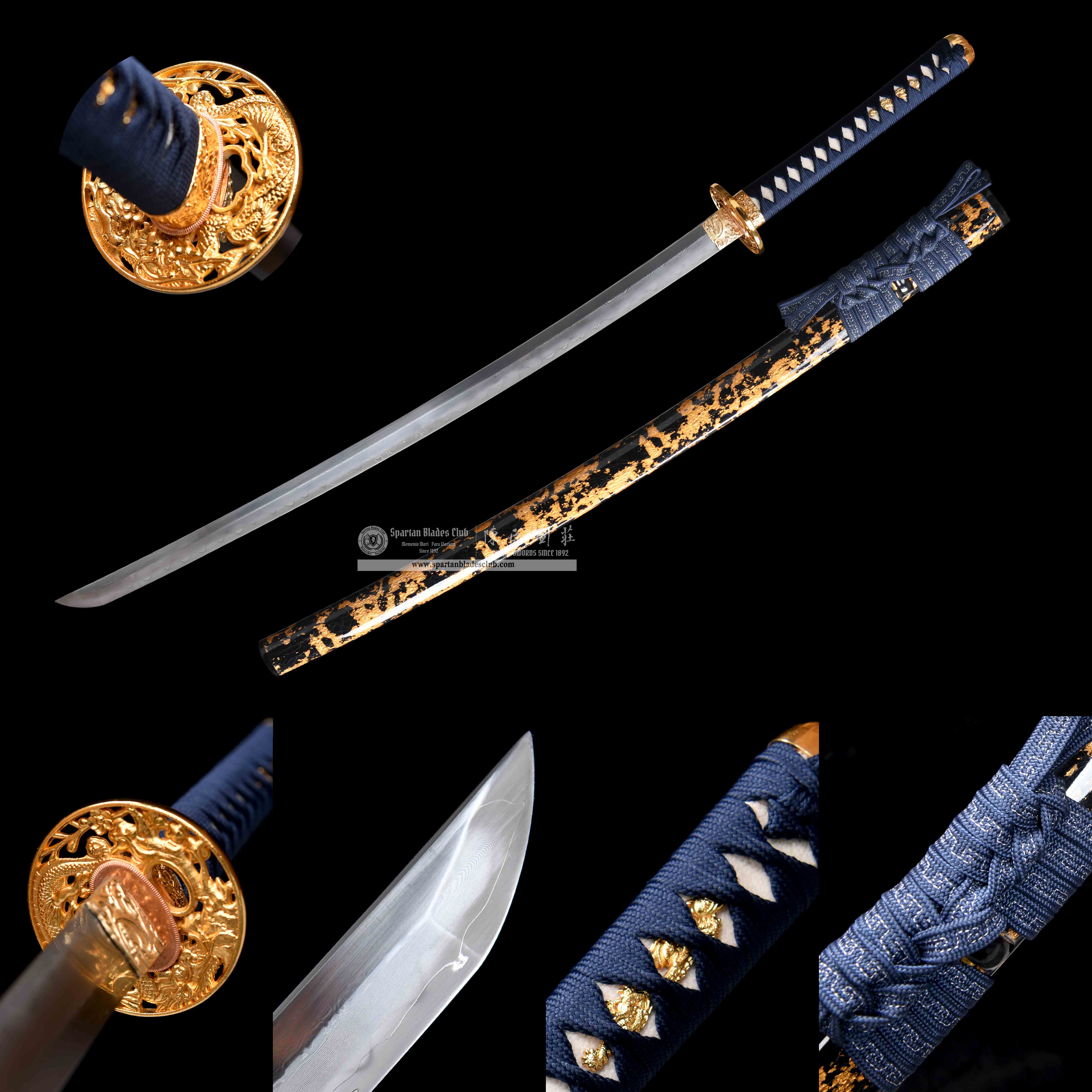 HY63 | Shattered Gold - Flow Shadow | Katana | T10 steel wrapped in Damascus steel | clay-tempered | real hamon | Honsanmai | Black&Blue&golden | gold foil | Battle-Ready | Full-tang | Spartan Blades Club | CHEN'S SWORDS 1892 - Spartan Blades Club - 陳氏劍莊1892