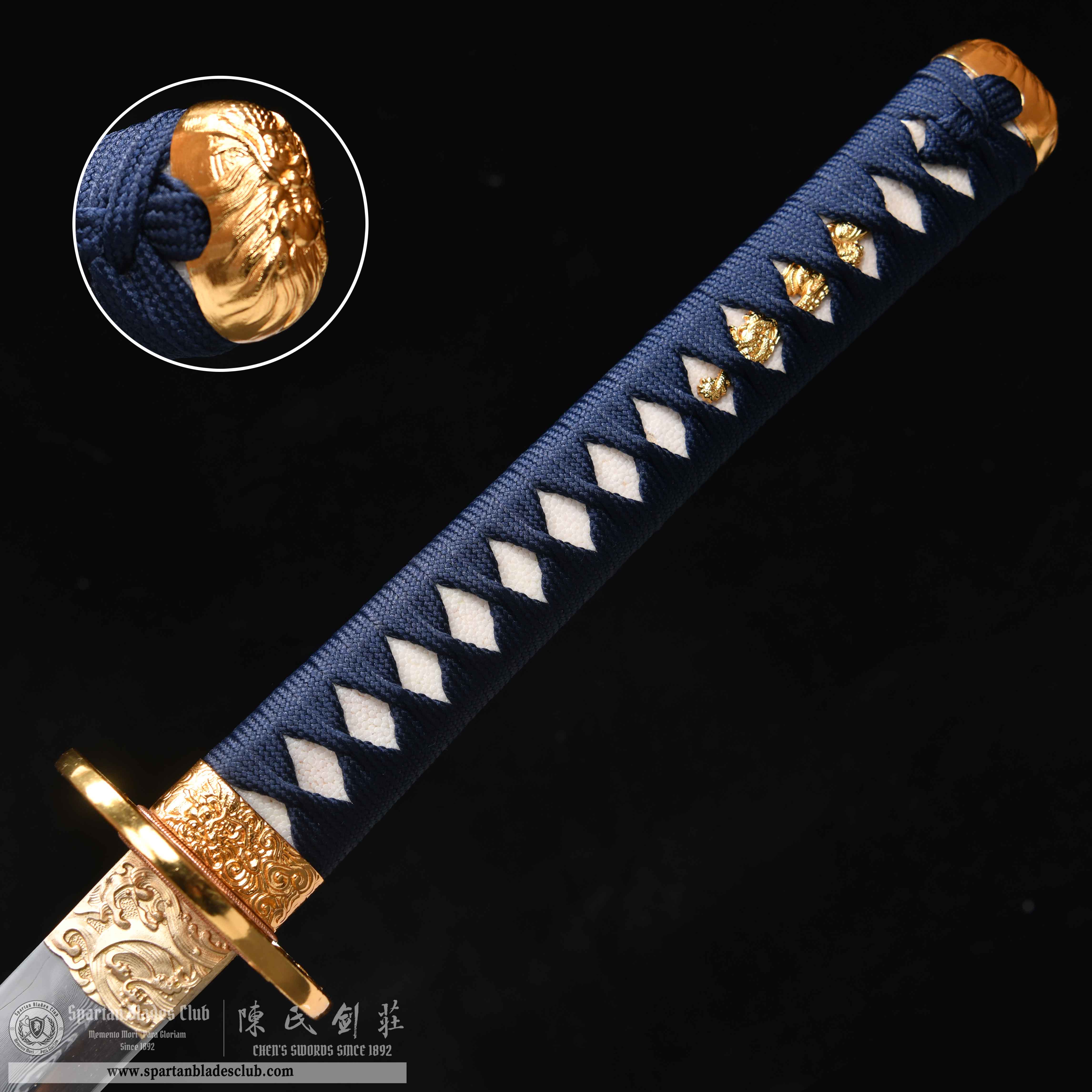 HY63 | Shattered Gold - Flow Shadow | Katana | T10 steel wrapped in Damascus steel | clay-tempered | real hamon | Honsanmai | Black&Blue&golden | gold foil | Battle-Ready | Full-tang | Spartan Blades Club | CHEN'S SWORDS 1892 - Spartan Blades Club - 陳氏劍莊1892