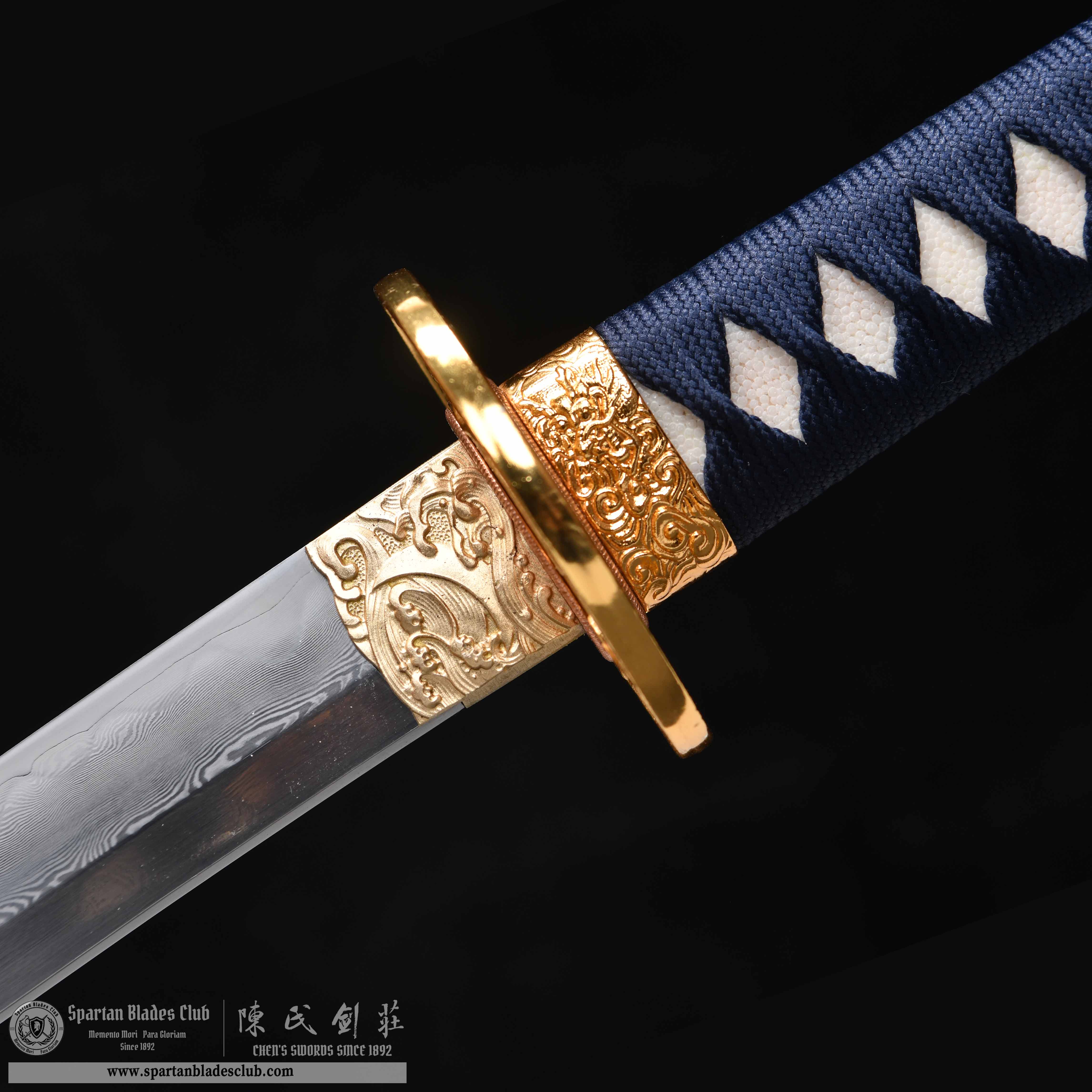 HY63 | Shattered Gold - Flow Shadow | Katana | T10 steel wrapped in Damascus steel | clay-tempered | real hamon | Honsanmai | Black&Blue&golden | gold foil | Battle-Ready | Full-tang | Spartan Blades Club | CHEN'S SWORDS 1892 - Spartan Blades Club - 陳氏劍莊1892