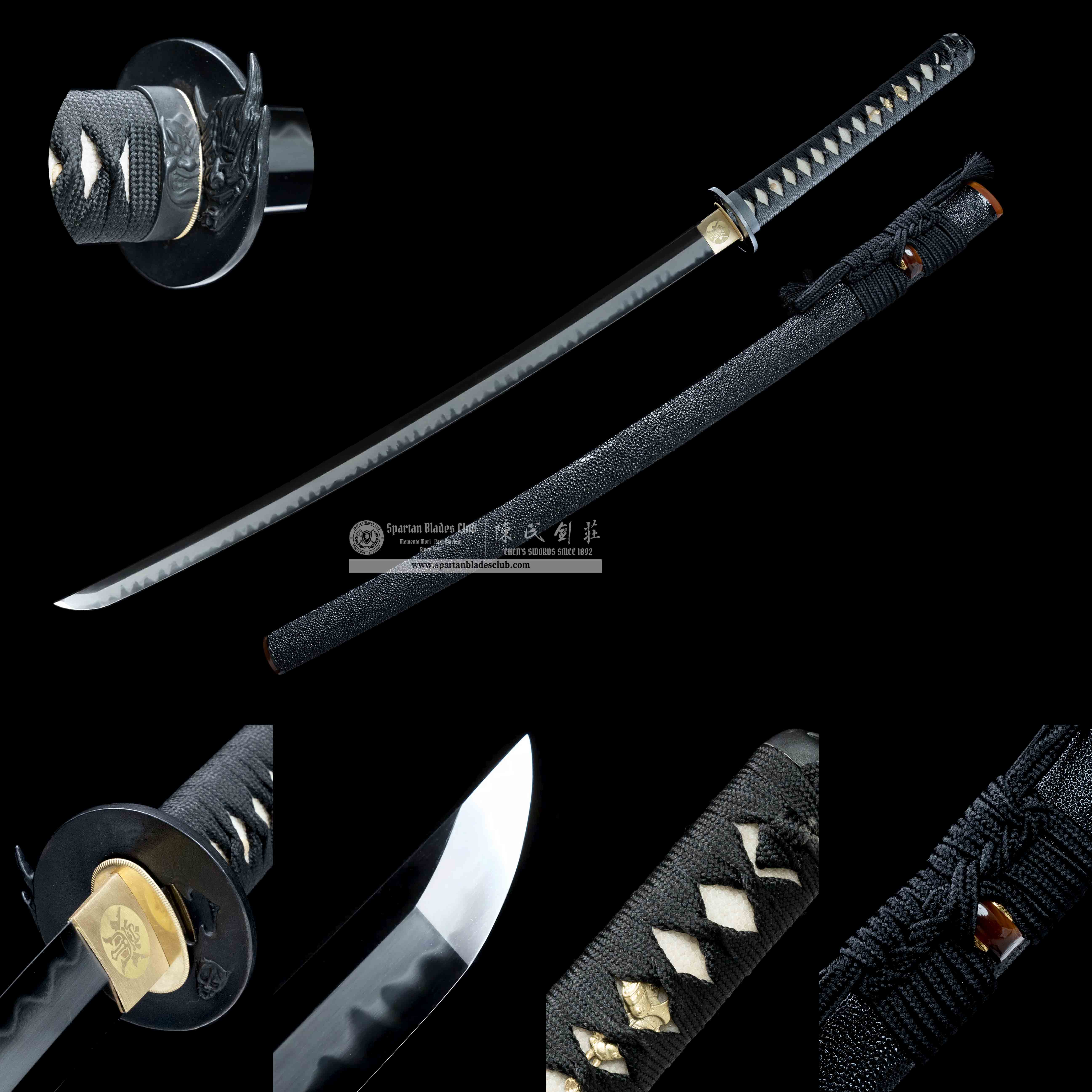 HY64 | Black Pearl | Katana | T10 steel | Clay-tempered | Real Hamon | Black|Ray-skin | Battle-Ready | Full-tang | Spartan Blades Club | CHEN'S SWORDS 1892 - Spartan Blades Club