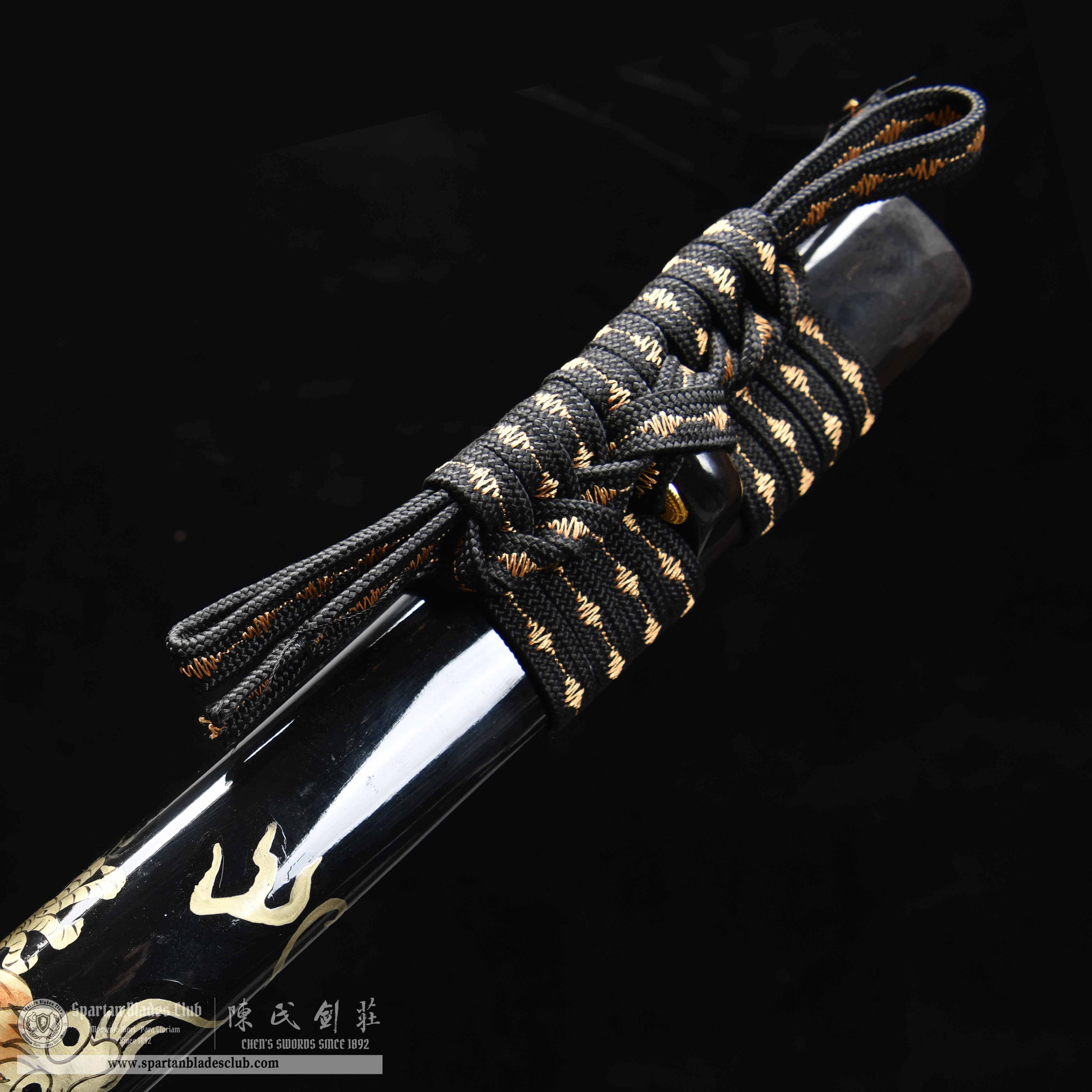 HY66 | Moloong Samurai | Katana | Honsanmai structure blade | Damascus steel wrapped in T10 steel | Premium Hand-polishing | Black&golden | Flower&Loong(Chinese Dragon) | Maki-e | Battle-Ready | Full-tang | Spartan Blades Club | CHEN'S SWORDS 1892 - Spartan Blades Club - 陳氏劍莊1892