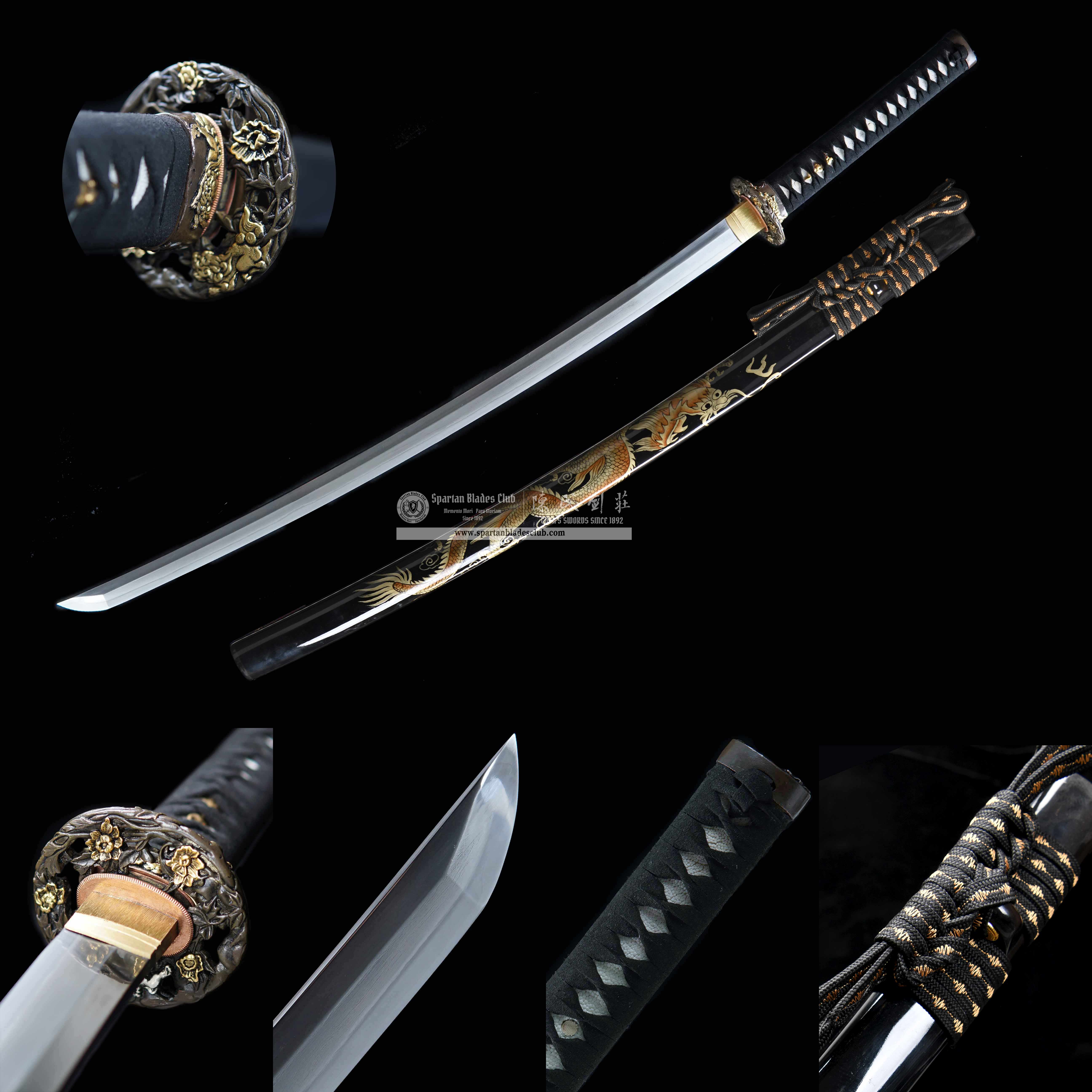 HY66 | Moloong Samurai | Katana | Honsanmai structure blade | Damascus steel wrapped in T10 steel | Premium Hand-polishing | Black&golden | Flower&Loong(Chinese Dragon) | Maki-e | Battle-Ready | Full-tang | Spartan Blades Club | CHEN'S SWORDS 1892 - Spartan Blades Club - 陳氏劍莊1892