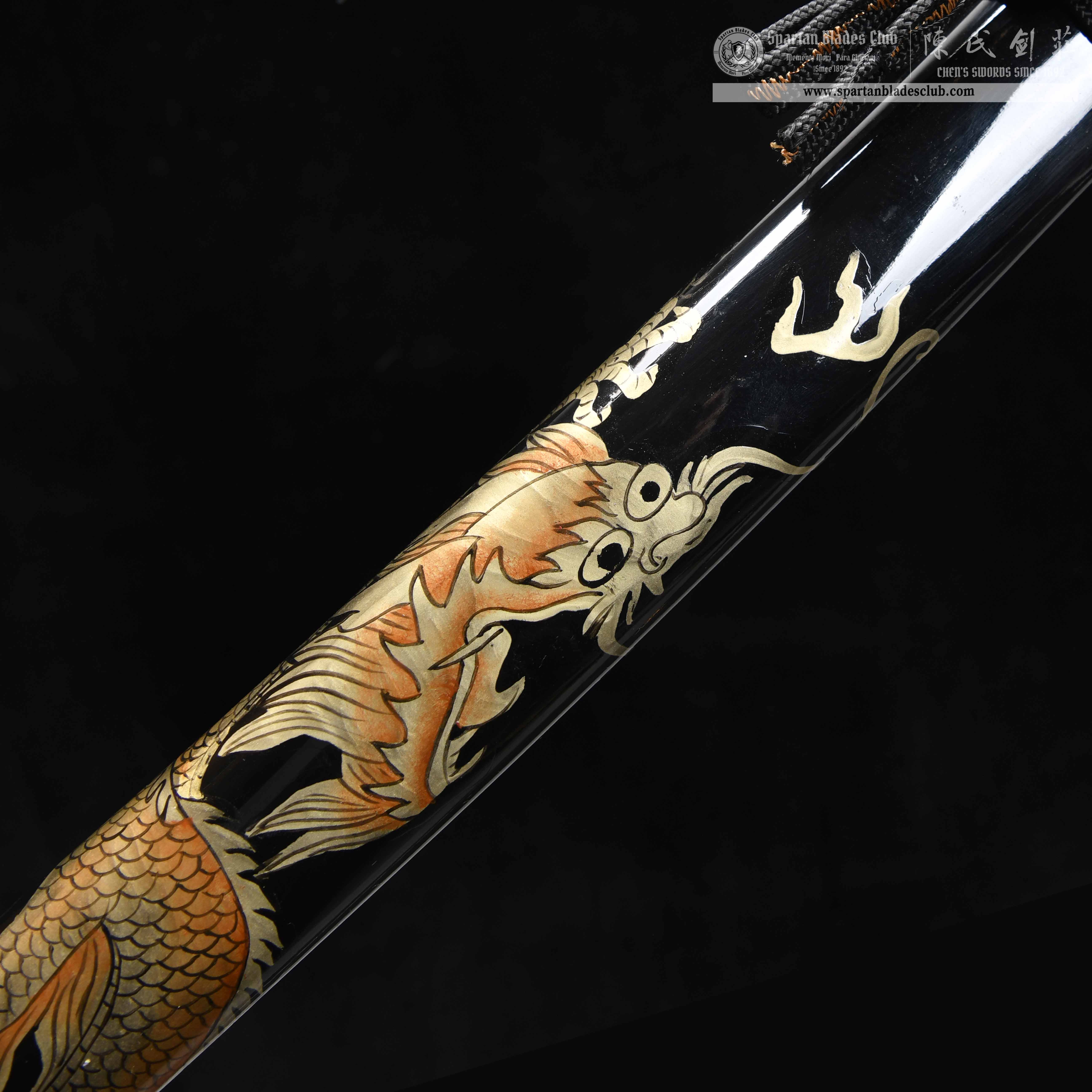 HY66 | Moloong Samurai | Katana | Honsanmai structure blade | Damascus steel wrapped in T10 steel | Premium Hand-polishing | Black&golden | Flower&Loong(Chinese Dragon) | Maki-e | Battle-Ready | Full-tang | Spartan Blades Club | CHEN'S SWORDS 1892 - Spartan Blades Club - 陳氏劍莊1892