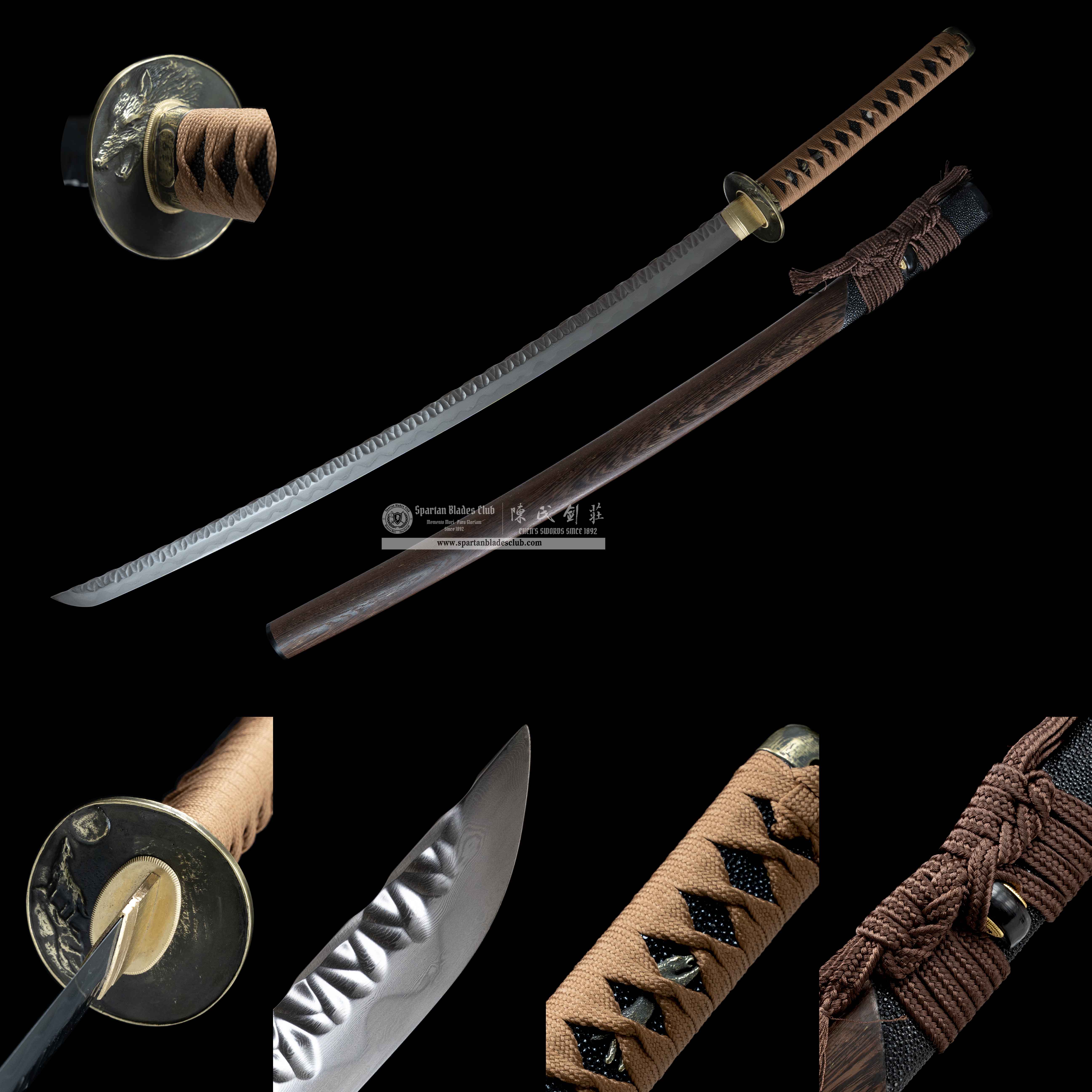 HY68 | Showdy Wolf | Katana | Damascus steel | clay-tempered | Hand-hammered Dragon-spine blade spine | brown | Rosewood &Ray-skin | Battle-Ready | Full-tang | Spartan Blades Club | CHEN'S SWORDS 1892 - Spartan Blades Club - 陳氏劍莊1892
