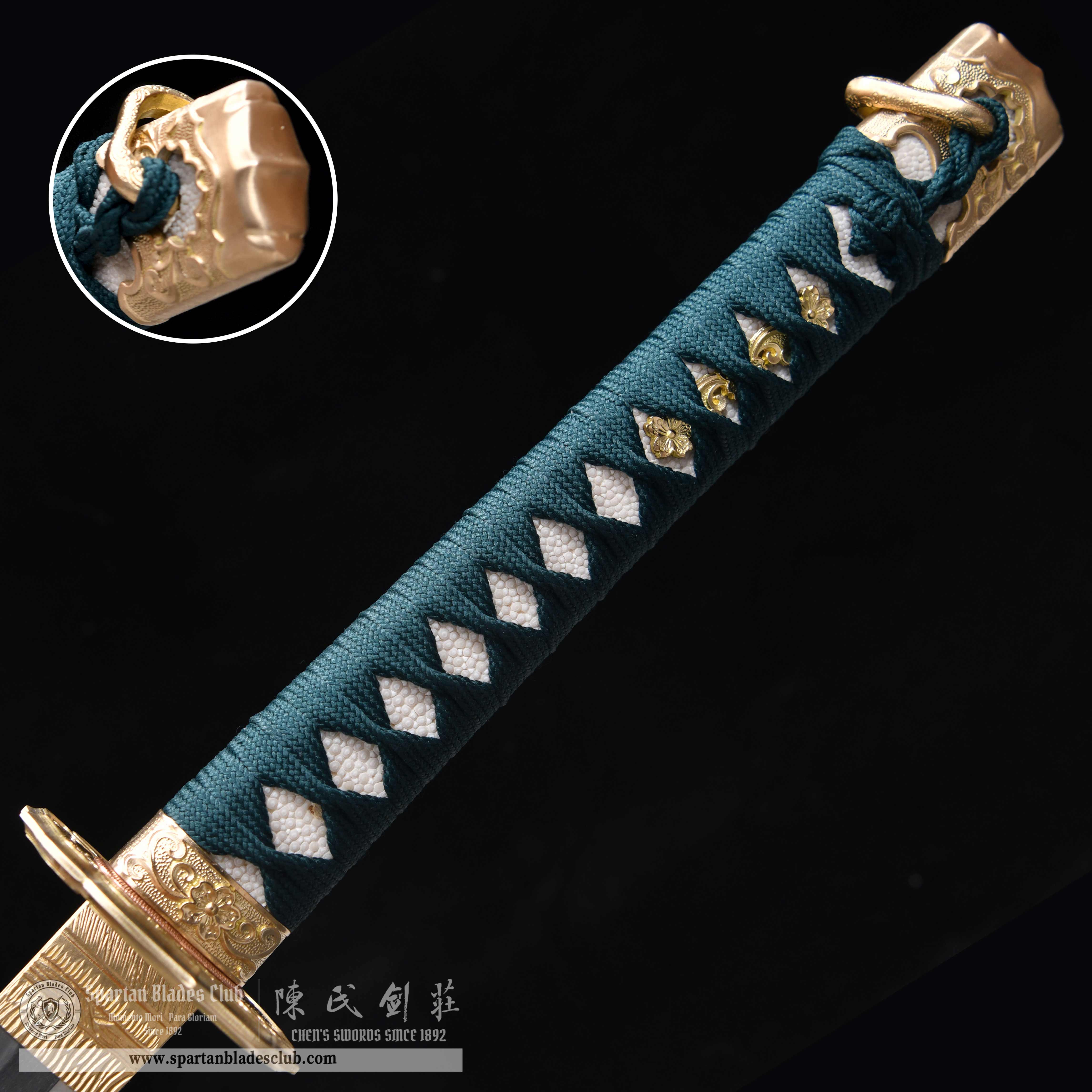 HY70 | Cui Jin Samurai | Tachi | Tamahagane steel or Damascus steel | Clay-tempered | Green | Ray-skin | Battle-Ready | Full-tang | Spartan Blades Club | CHEN'S SWORDS 1892 - Spartan Blades Club