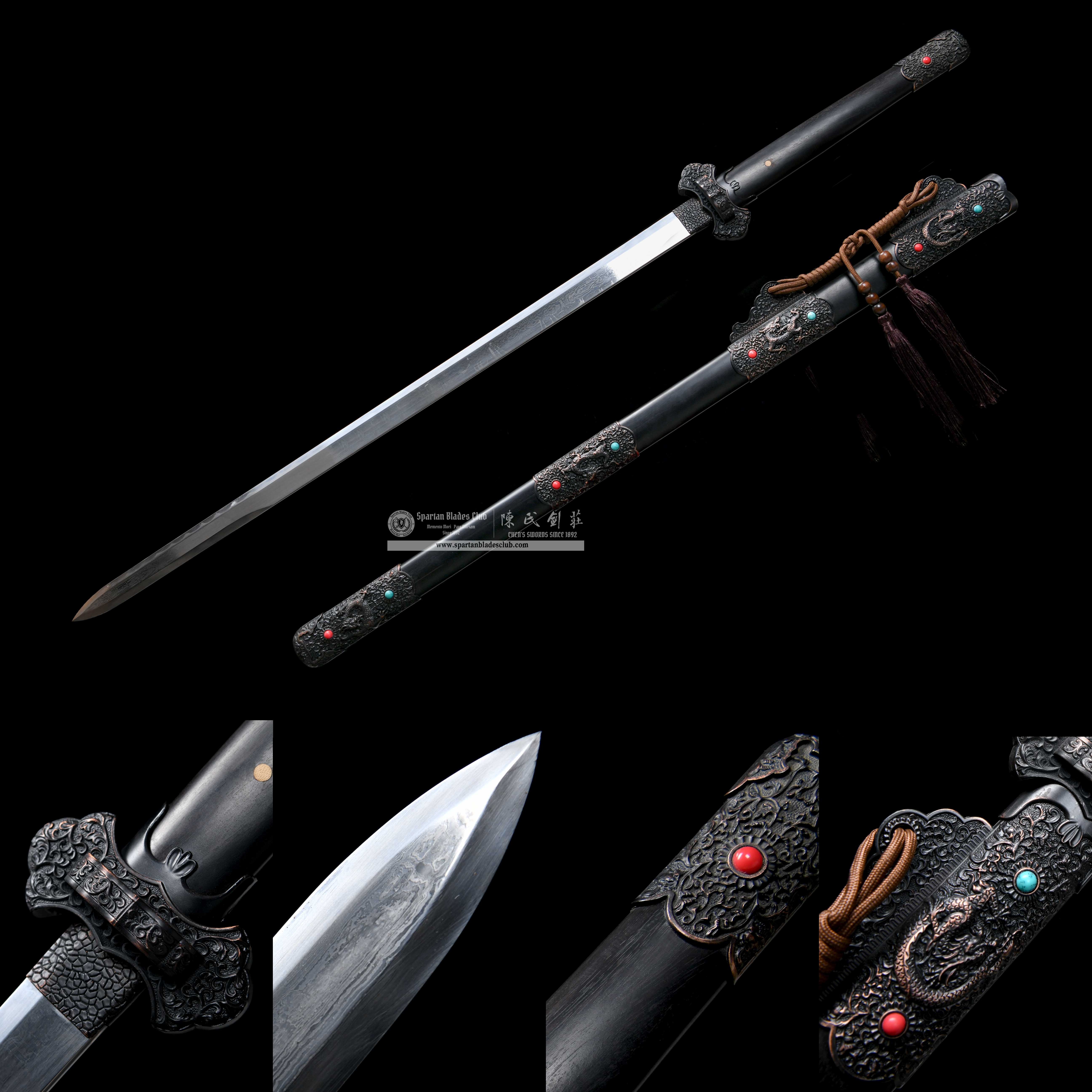 HY73 | Mo loong Jian | Chinese Sword（JIAN） | Damascus steel | Clay-tempered | Real Hamon | Black | Battle-Ready | Full-tang | Spartan Blades Club | CHEN'S SWORDS 1892 - Spartan Blades Club - 陳氏劍莊1892