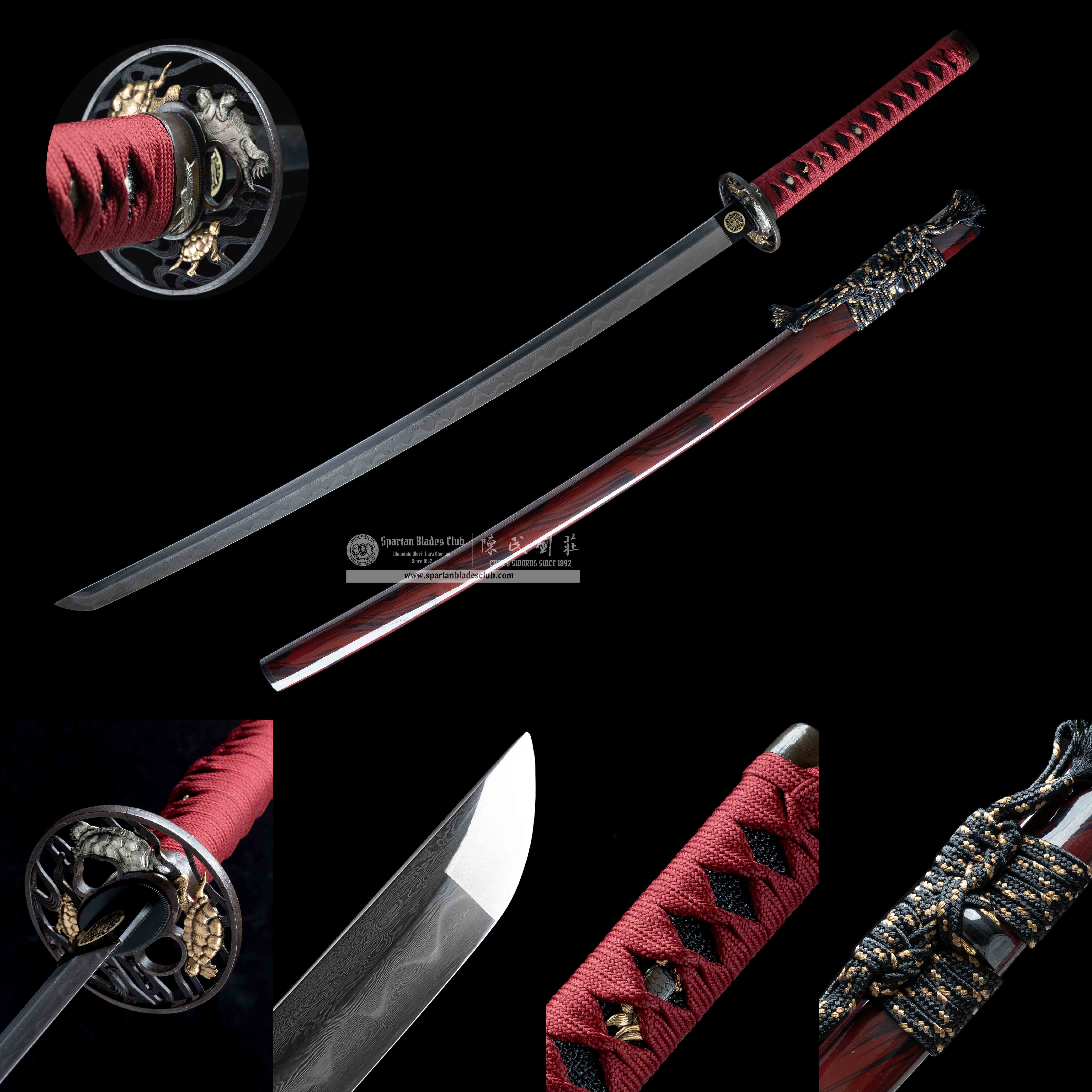 HY82 | Shukin Samurai | Katana | Damascus steel | clay-tempered | real hamon | Red | turtle | Battle-Ready | Full-tang | Spartan Blades Club | CHEN'S SWORDS 1892 - Spartan Blades Club - 陳氏劍莊1892