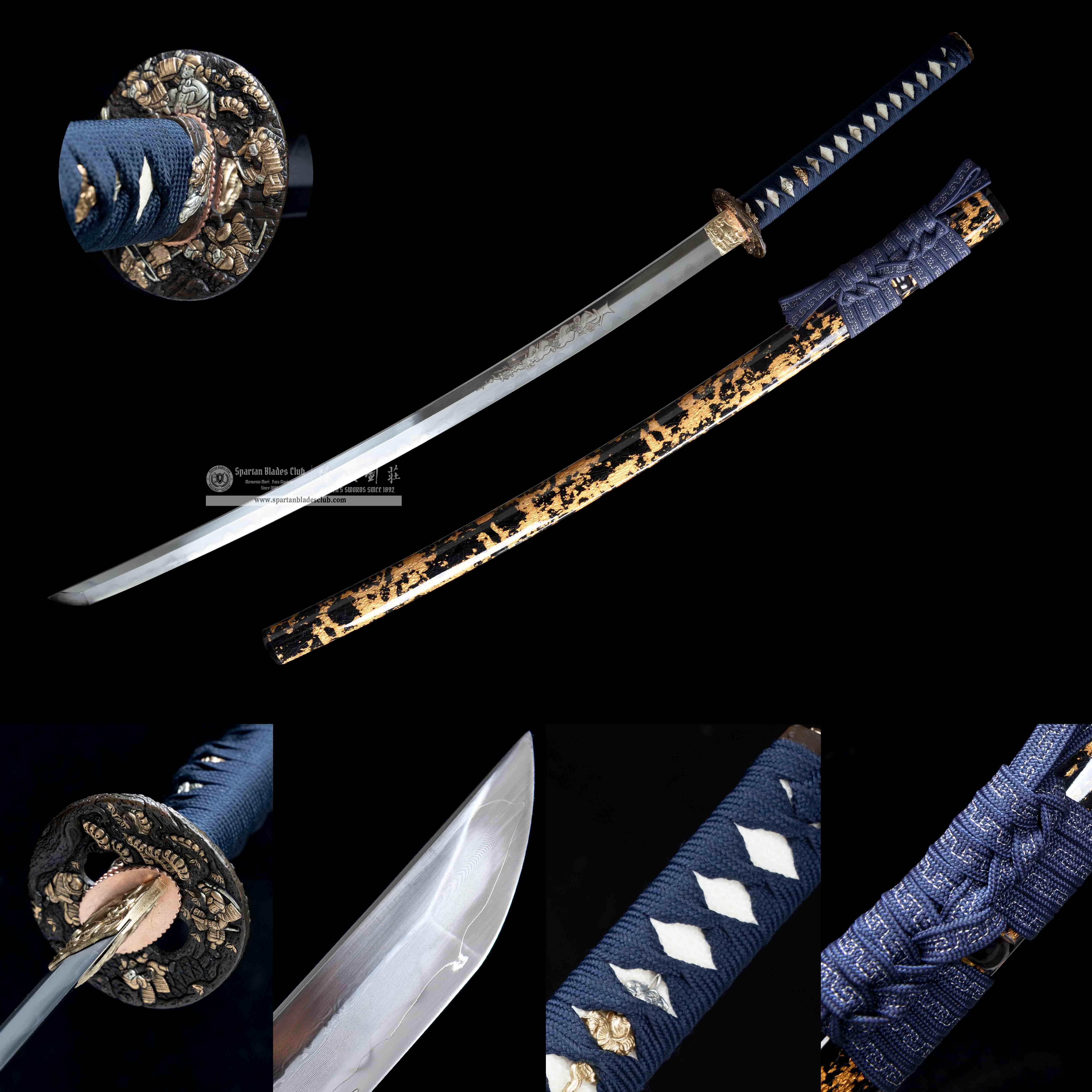 HY80 | Gilt Samurai | Katana | T10 steel wrapped in Damascus steel | Honsanmai structure blade | Samurai | navy blue&golden | Battle-Ready | Full-tang | Spartan Blades Club | CHEN'S SWORDS 1892 - Spartan Blades Club