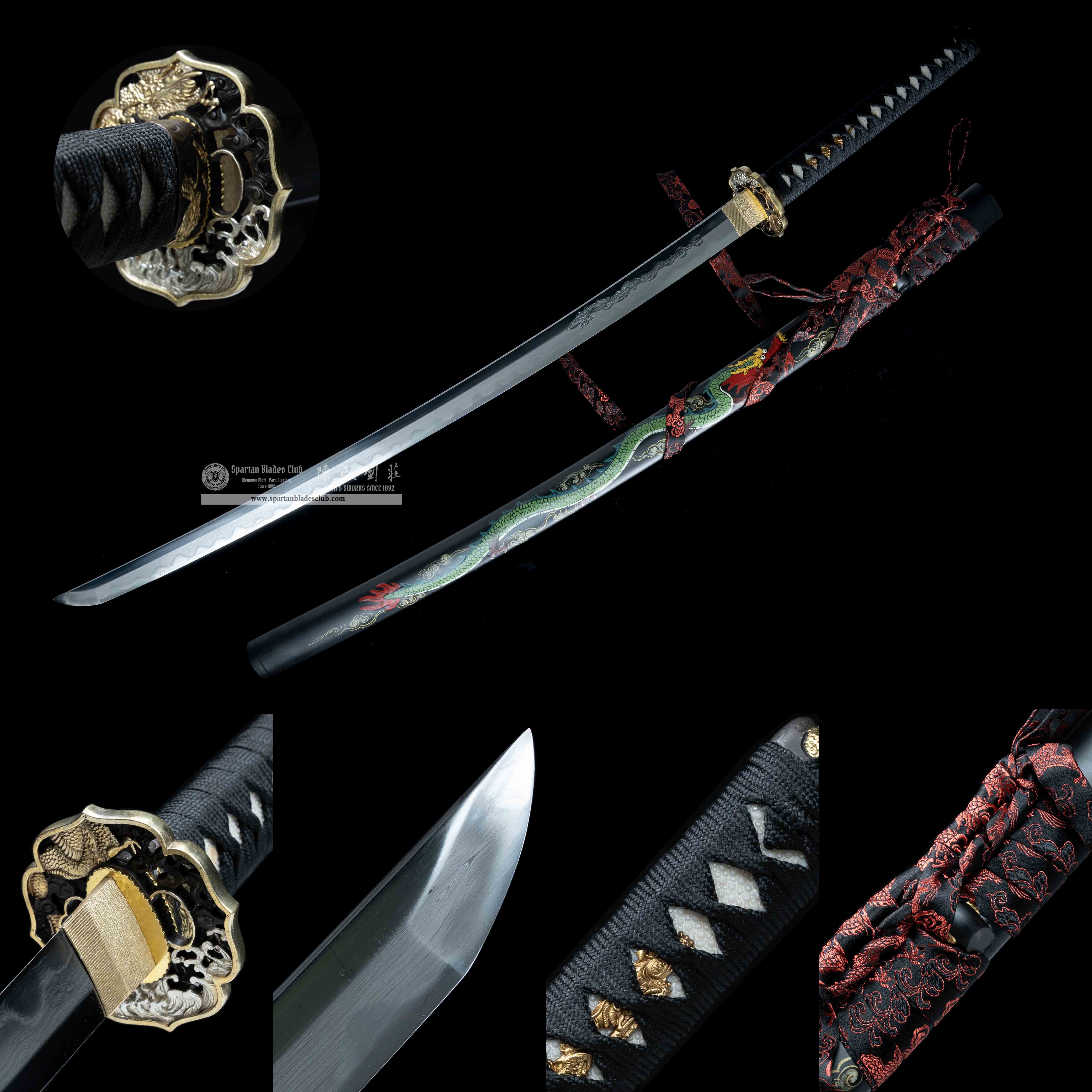 HY79 | Moyan Loong Blade | Katana | T10 steel wrapped in Damascus steel | Honsanmai structure blade | Loong（Chinese Dragon） | Black&Green&Red | Battle-Ready | Full-tang | Spartan Blades Club | CHEN'S SWORDS 1892 - Spartan Blades Club - 陳氏劍莊1892