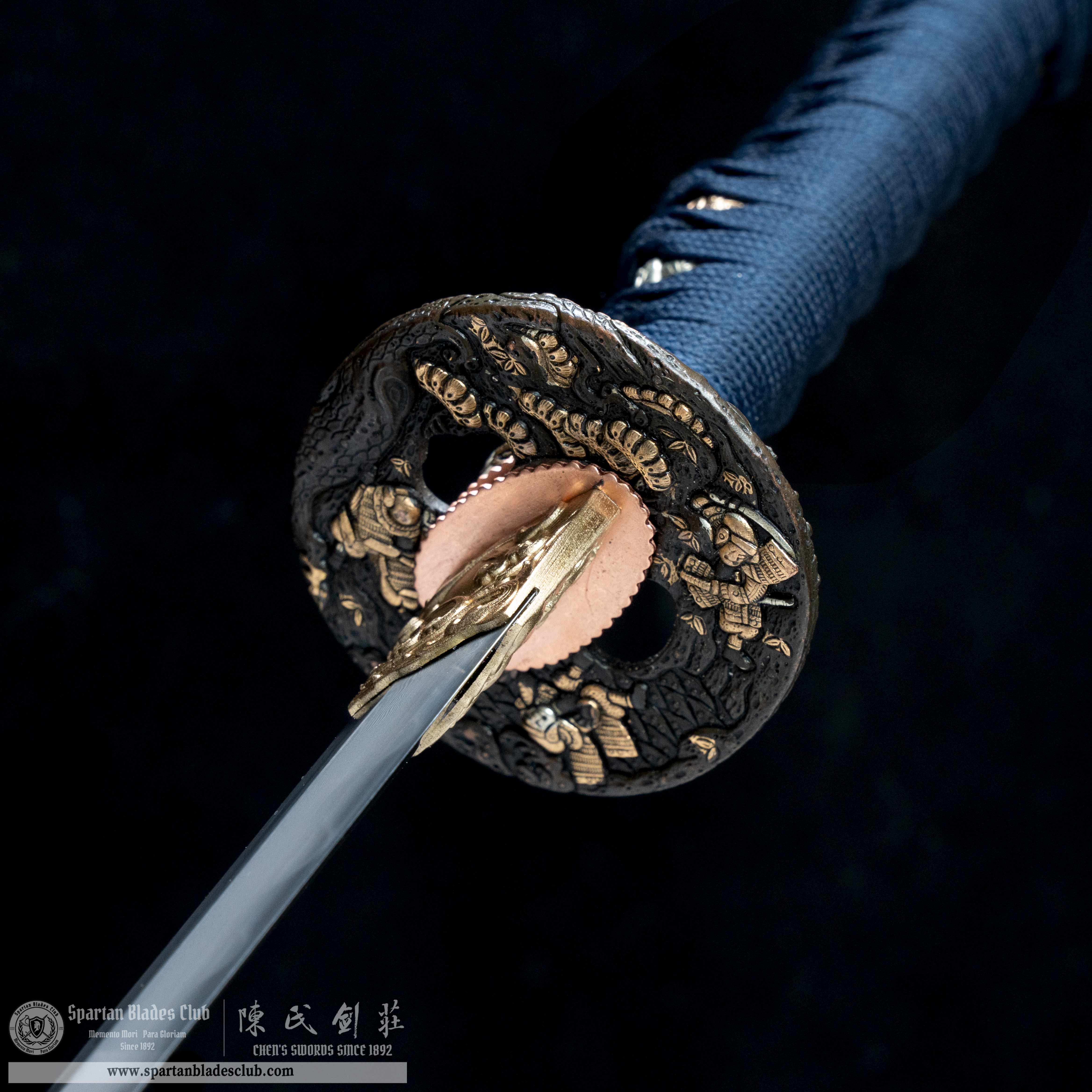 HY80 | Gilt Samurai | Katana | T10 steel wrapped in Damascus steel | Honsanmai structure blade | Samurai | navy blue&golden | Battle-Ready | Full-tang | Spartan Blades Club | CHEN'S SWORDS 1892 - Spartan Blades Club