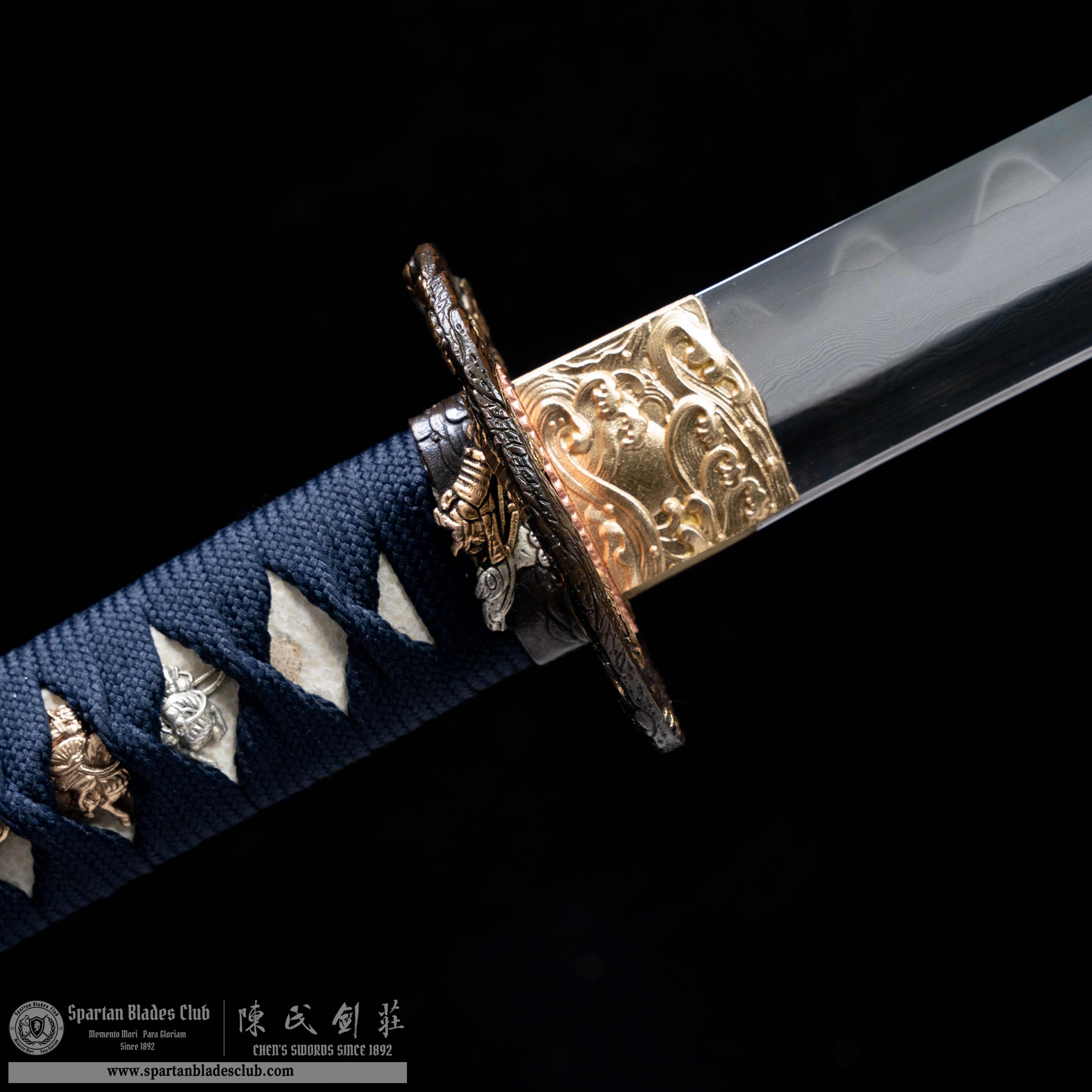 HY80 | Gilt Samurai | Katana | T10 steel wrapped in Damascus steel | Honsanmai structure blade | Samurai | navy blue&golden | Battle-Ready | Full-tang | Spartan Blades Club | CHEN'S SWORDS 1892 - Spartan Blades Club